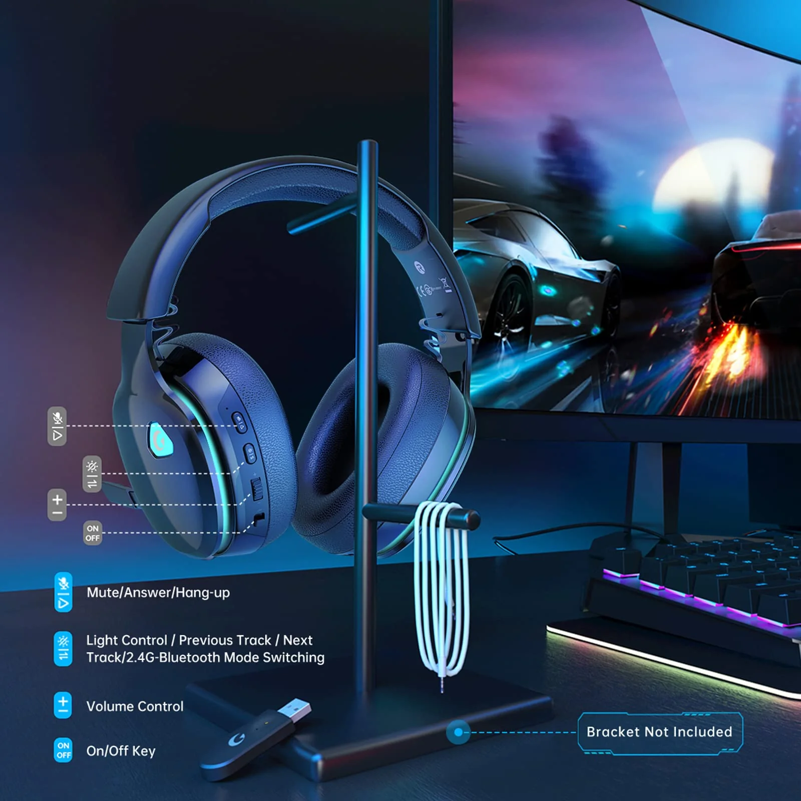 Gtheos 2.4GHz Wireless Gaming Headset for PC, PS4, PS5, Mac, Nintendo Switch, Bluetooth 5.2 Gaming Headphones with Noise Canceling Microphone, Stereo Sound, ONLY 3.5mm Wired Mode for Xbox Series-Black Black - Image 9