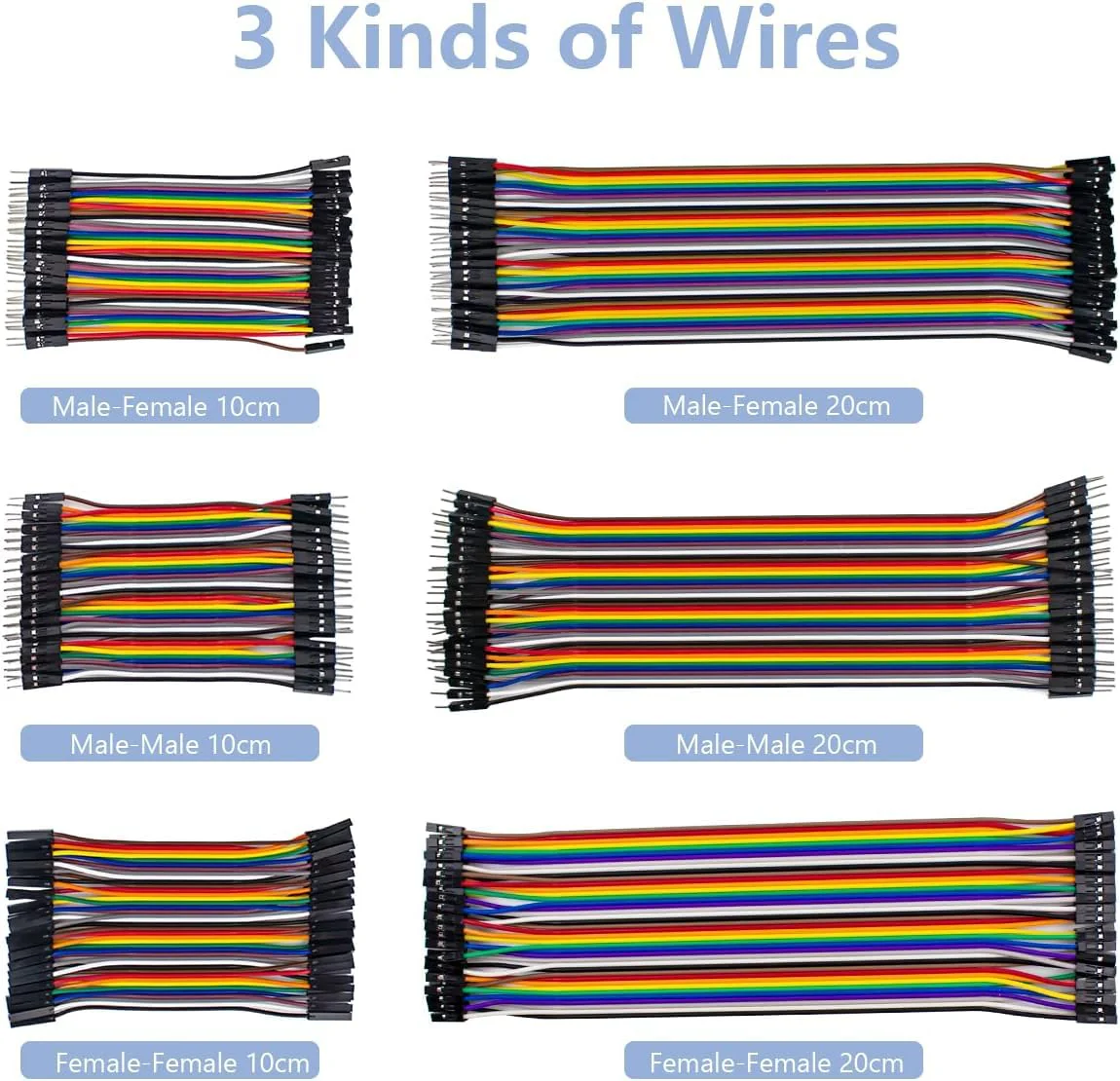 GTIWUNG Pack of 6 40 Pin Jumper Wire Cable, Breadboard Ribbon Cables, 10 cm & 20 cm Female/Male/Male Jumper Cable, 24AWG Wire Bridges for Arduino and Raspberry Pi Breadboard - Image 2