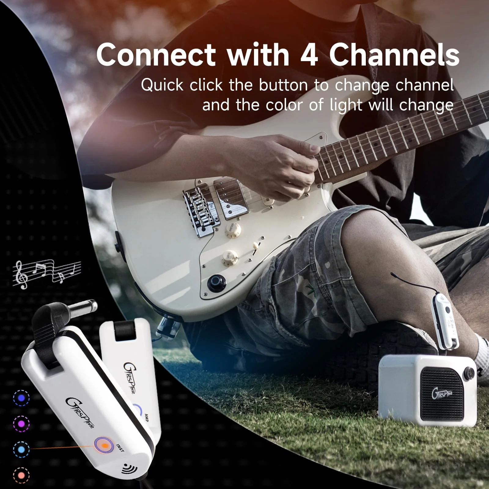 GTRS GWU4 UHF Guitar Wireless System 4 Channels Rechargeable Transmitter and Receiver, Auto Match, Low Latency, 100 Feet Range, Stable Connectionfor Electric Guitars Bass and More (White) White - Image 2
