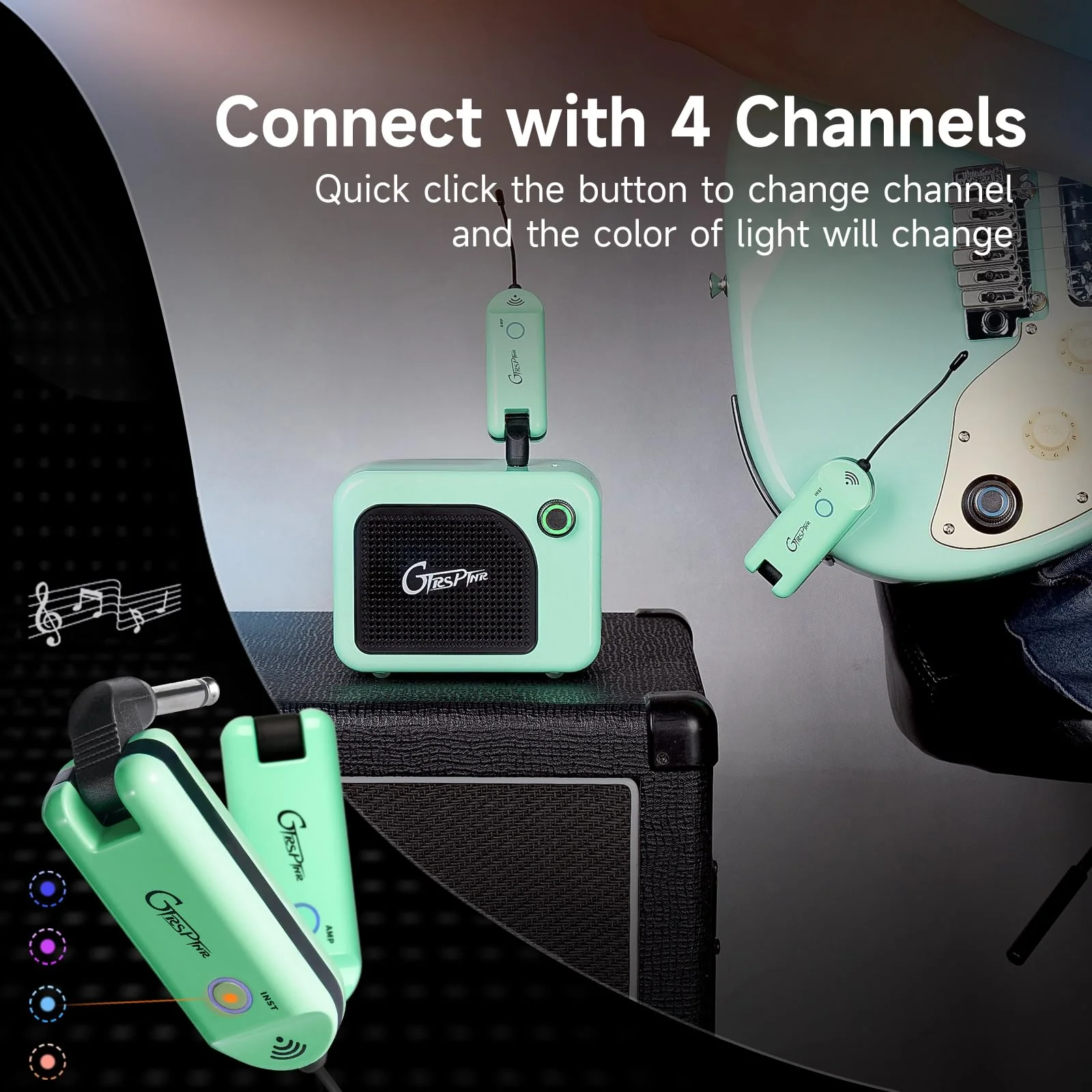 GTRS GWU4 UHF Wireless Guitar System Transmitter and Receiver 4 Signal Channels Rechargeable, Auto Match, Low Latency, 100 Feet Range, Stable Connection for Electric Guitars Bass and More (Green) GREEN - Image 2
