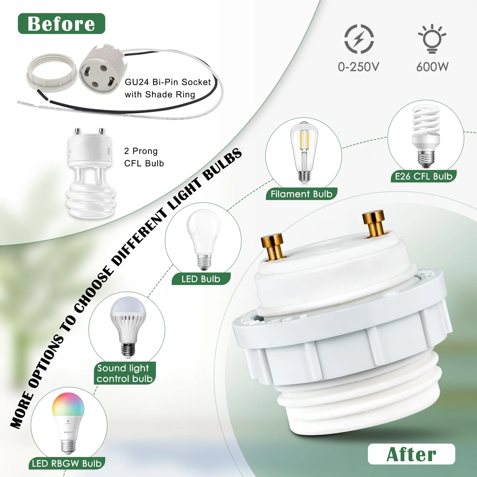 GU24 to E26 Socket Adapter with Shade Ring, Bi-Pin Based GU24 to Standard Medium Screw-in Bulb Socket Adapter Converter, Pin Base Threaded Adapter (4) 4 - Image 3