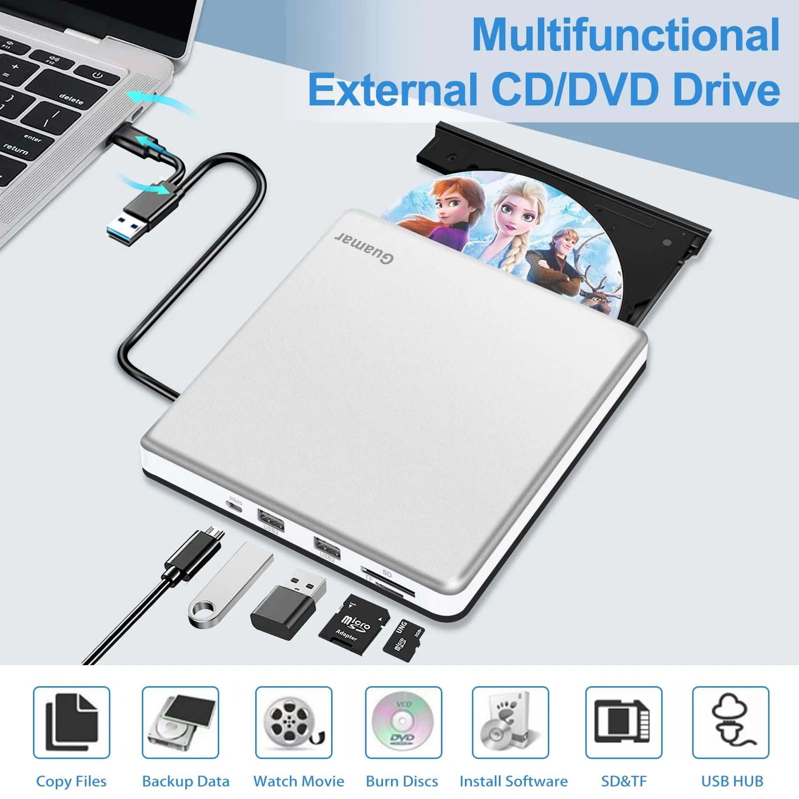 Guamar External CD Drive for Mac: Portable DVD Burner Player for Laptop PC Windows 11 with SD/TF Slot 2 USB Ports - USB-C Superdrive for Apple MacBook Plug & Play (Silver) White - Image 2