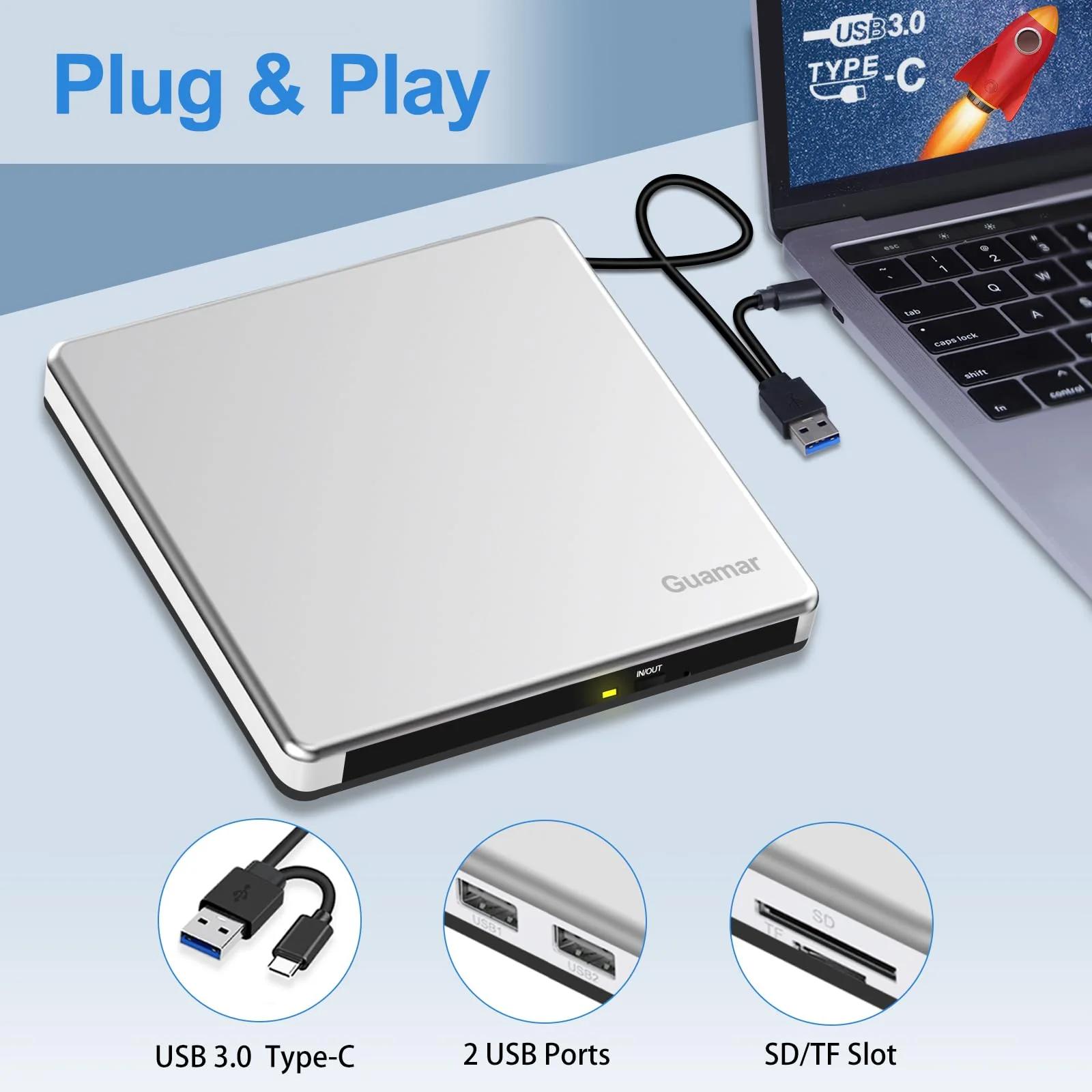 Guamar External CD Drive for Mac: Portable DVD Burner Player for Laptop PC Windows 11 with SD/TF Slot 2 USB Ports - USB-C Superdrive for Apple MacBook Plug & Play (Silver) White - Image 3