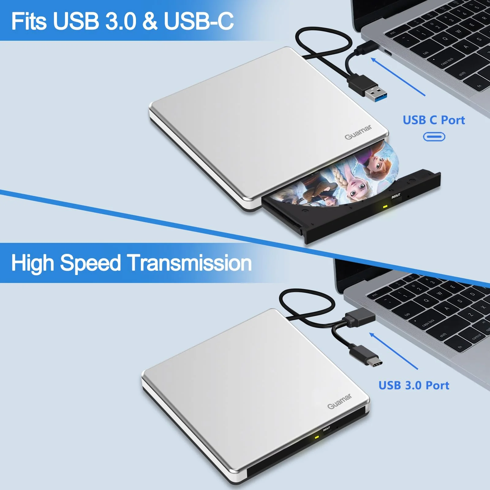 Guamar External CD Drive for Mac: Portable DVD Burner Player for Laptop PC Windows 11 with SD/TF Slot 2 USB Ports - USB-C Superdrive for Apple MacBook Plug & Play (Silver) White - Image 6