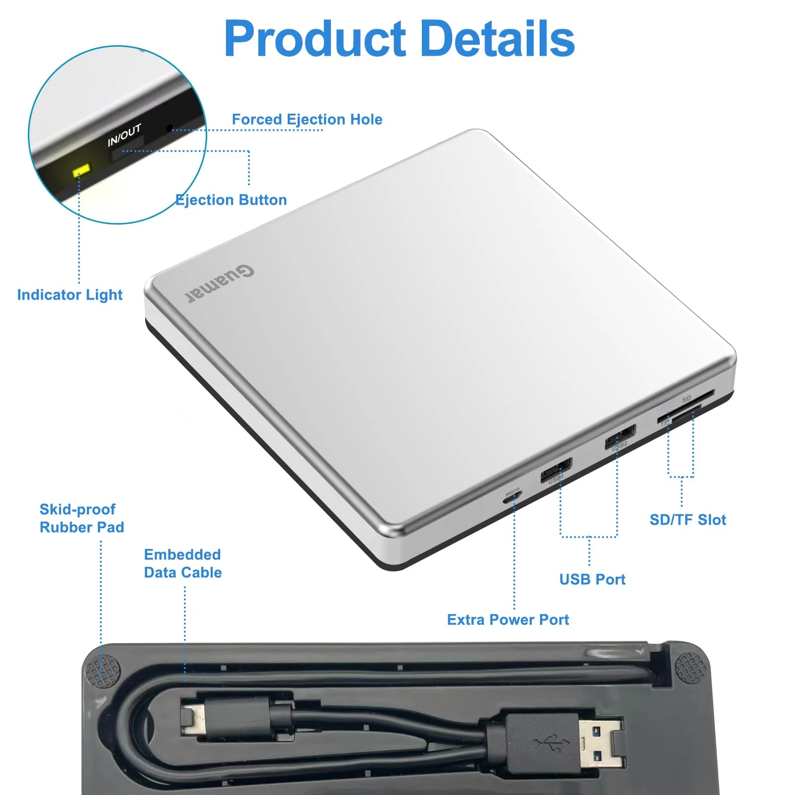Guamar External CD Drive for Mac: Portable DVD Burner Player for Laptop PC Windows 11 with SD/TF Slot 2 USB Ports - USB-C Superdrive for Apple MacBook Plug & Play (Silver) White - Image 8