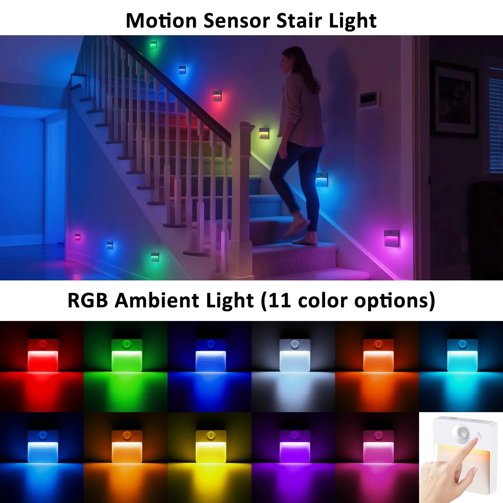 Guankai 8 Pack Rechargeable Motion Sensor Stair Light for Indoor, RGBW Battery Operated Closet Lights, Stick On Night Lamp, Motion Activated Magnetic Lighting Lamps for Step,Cabinet,Hallway,Bathroom White - Image 2