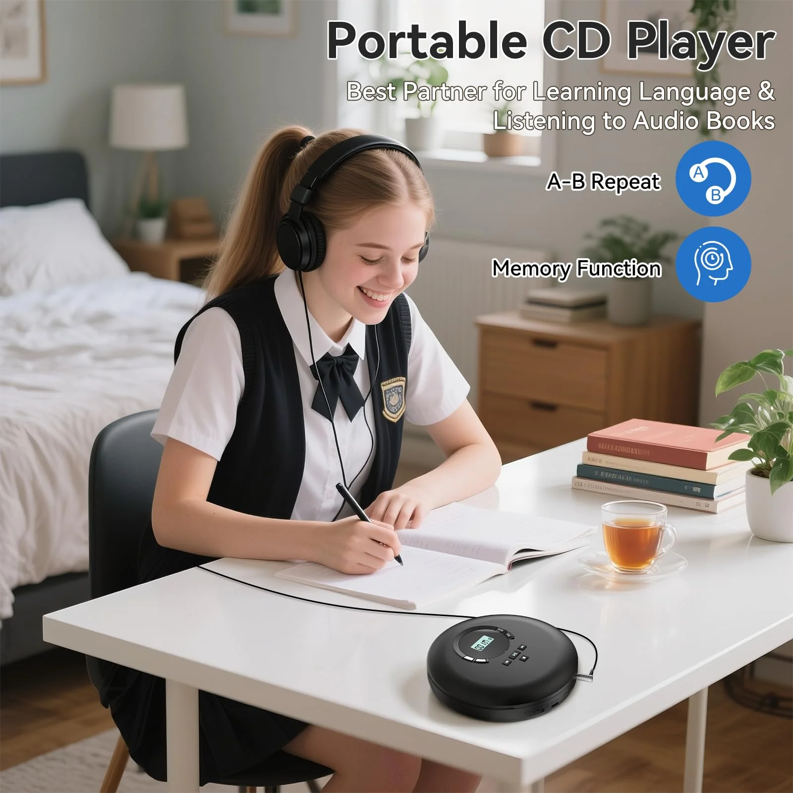 Gueray CD Player Portable CD Discman Portable CD Player for Car with Anti-Skip Shockproof Personal CD Player with Headphones LCD Display Support PROG Memory Function Repeat Playback BASS Effet Black - Image 2