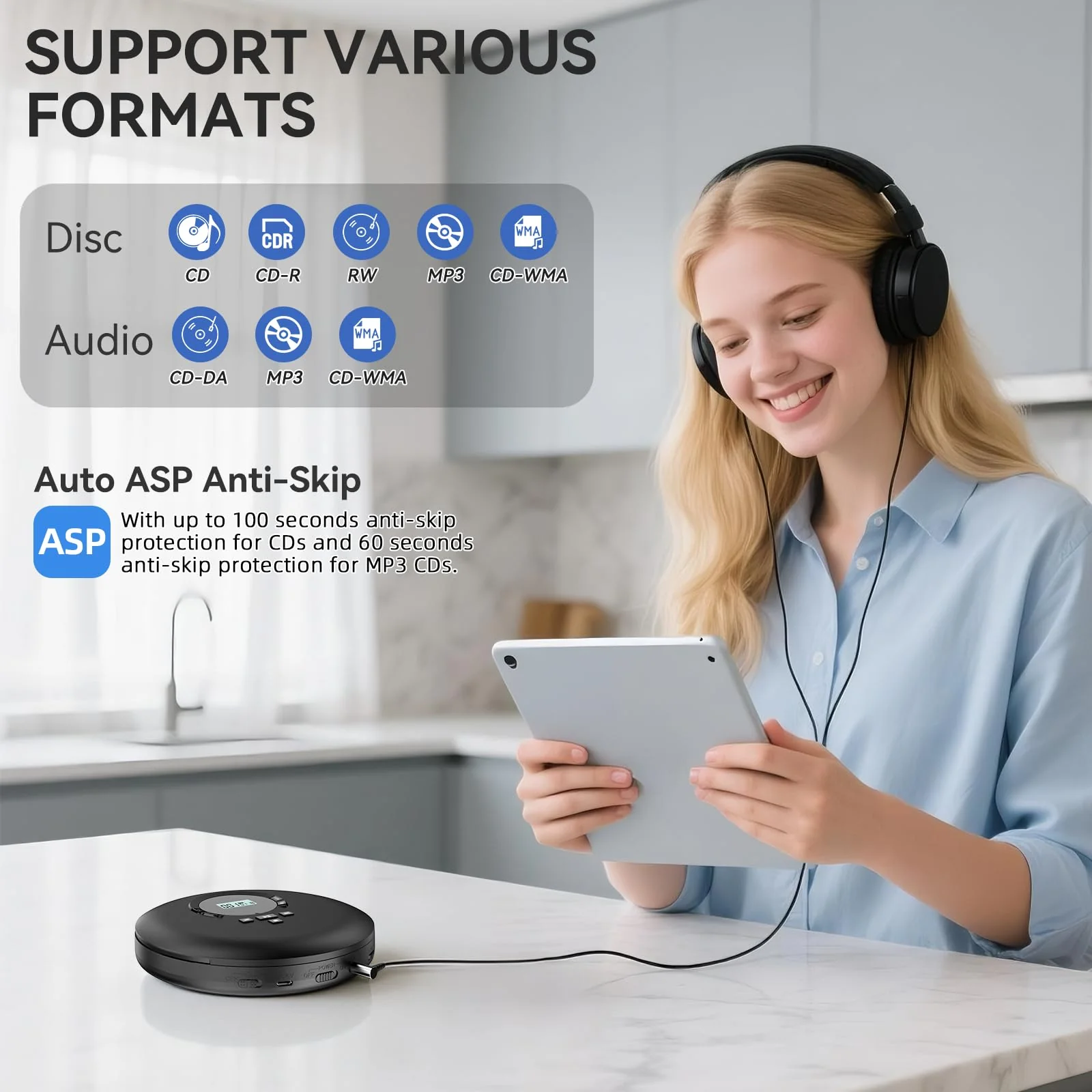 Gueray CD Player Portable CD Discman Portable CD Player for Car with Anti-Skip Shockproof Personal CD Player with Headphones LCD Display Support PROG Memory Function Repeat Playback BASS Effet Black - Image 4