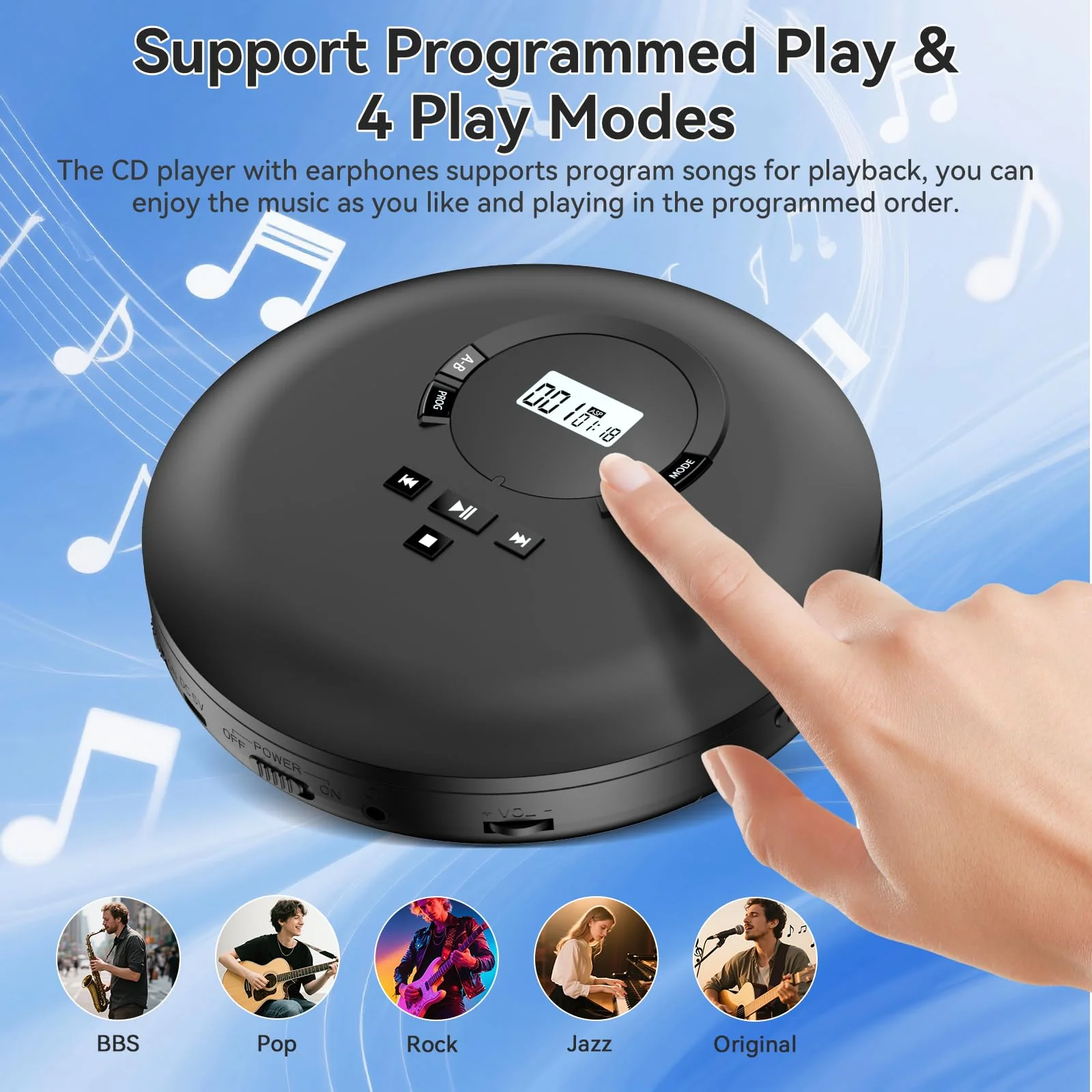 Gueray CD Player Portable CD Discman Portable CD Player for Car with Anti-Skip Shockproof Personal CD Player with Headphones LCD Display Support PROG Memory Function Repeat Playback BASS Effet Black - Image 5
