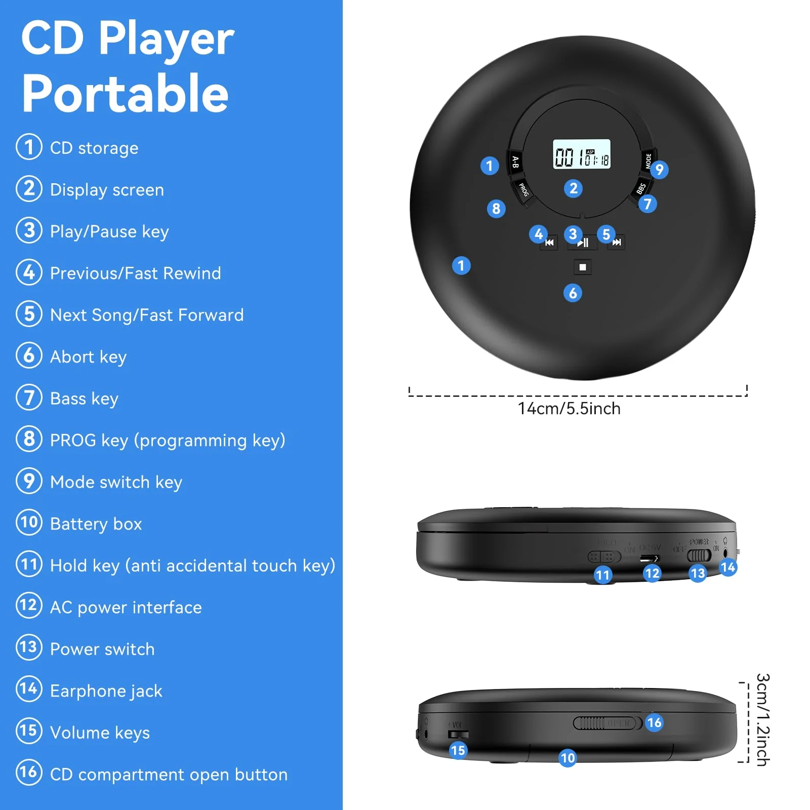 Gueray CD Player Portable CD Discman Portable CD Player for Car with Anti-Skip Shockproof Personal CD Player with Headphones LCD Display Support PROG Memory Function Repeat Playback BASS Effet Black - Image 6