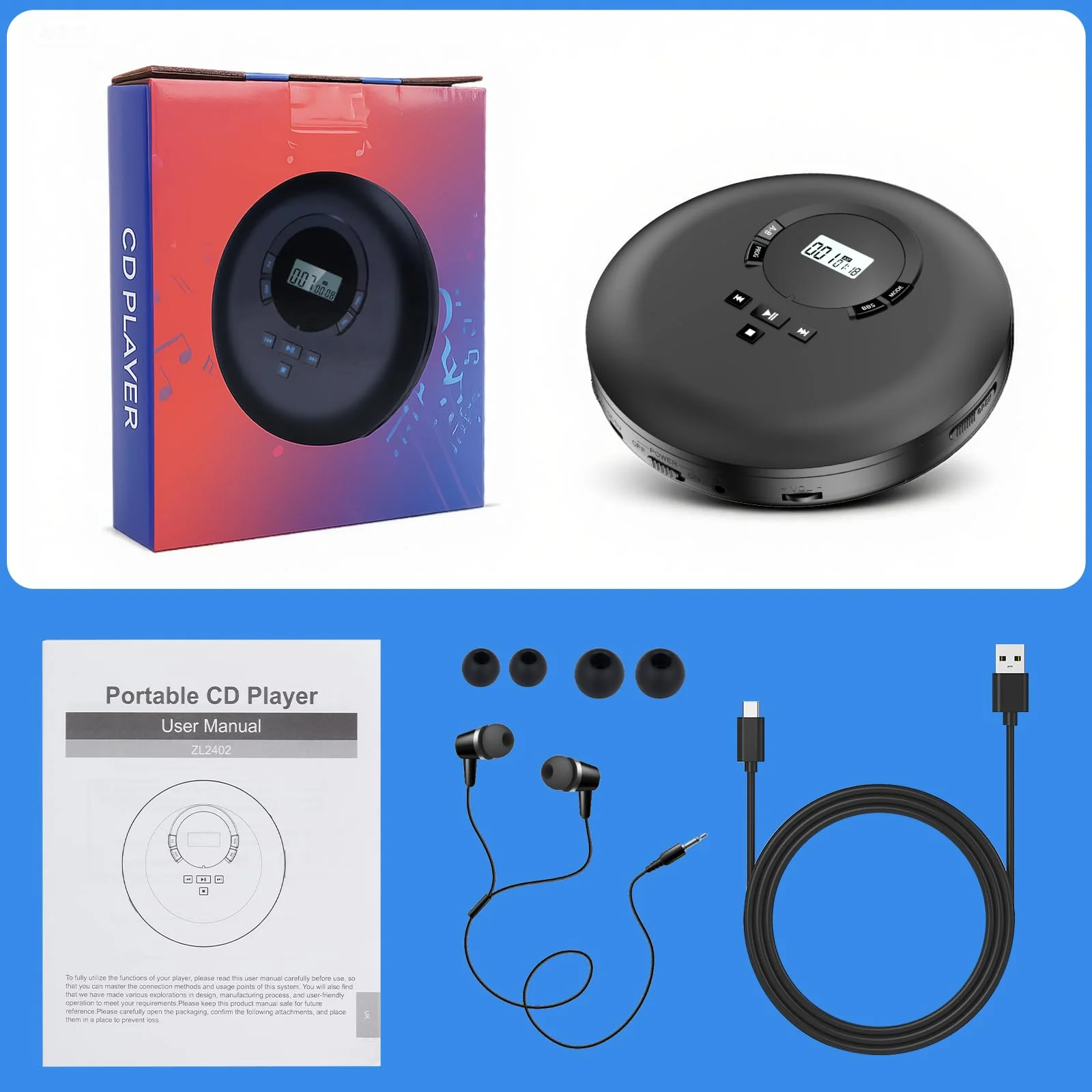 Gueray CD Player Portable CD Discman Portable CD Player for Car with Anti-Skip Shockproof Personal CD Player with Headphones LCD Display Support PROG Memory Function Repeat Playback BASS Effet Black - Image 9