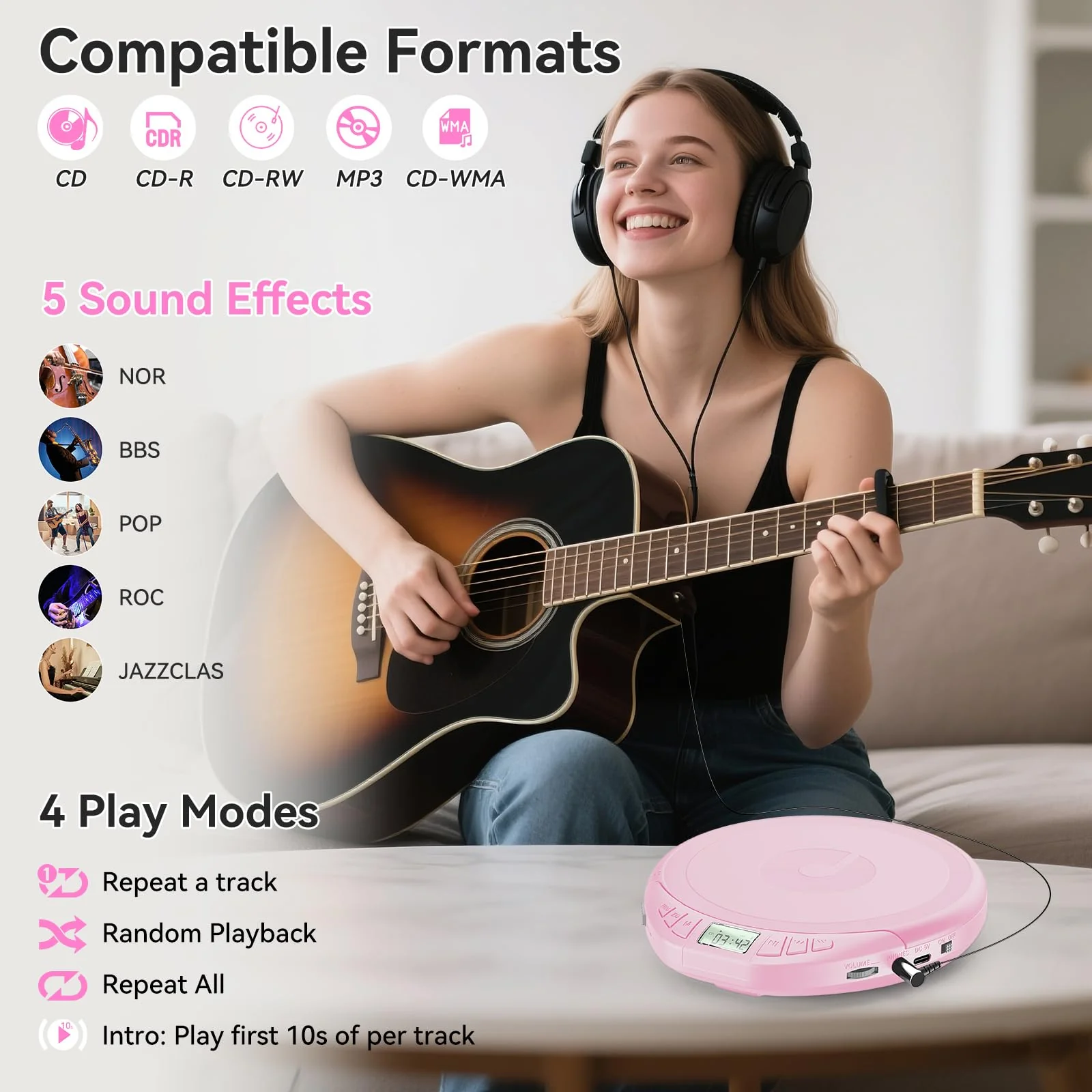 Gueray Portable CD Player with Earphones,CD Discman for Car Home with Anti-Skip Shockproof Protection,Personal CD Music Player with LCD Display Support PROG Memory Function H-01 Pink - Image 2