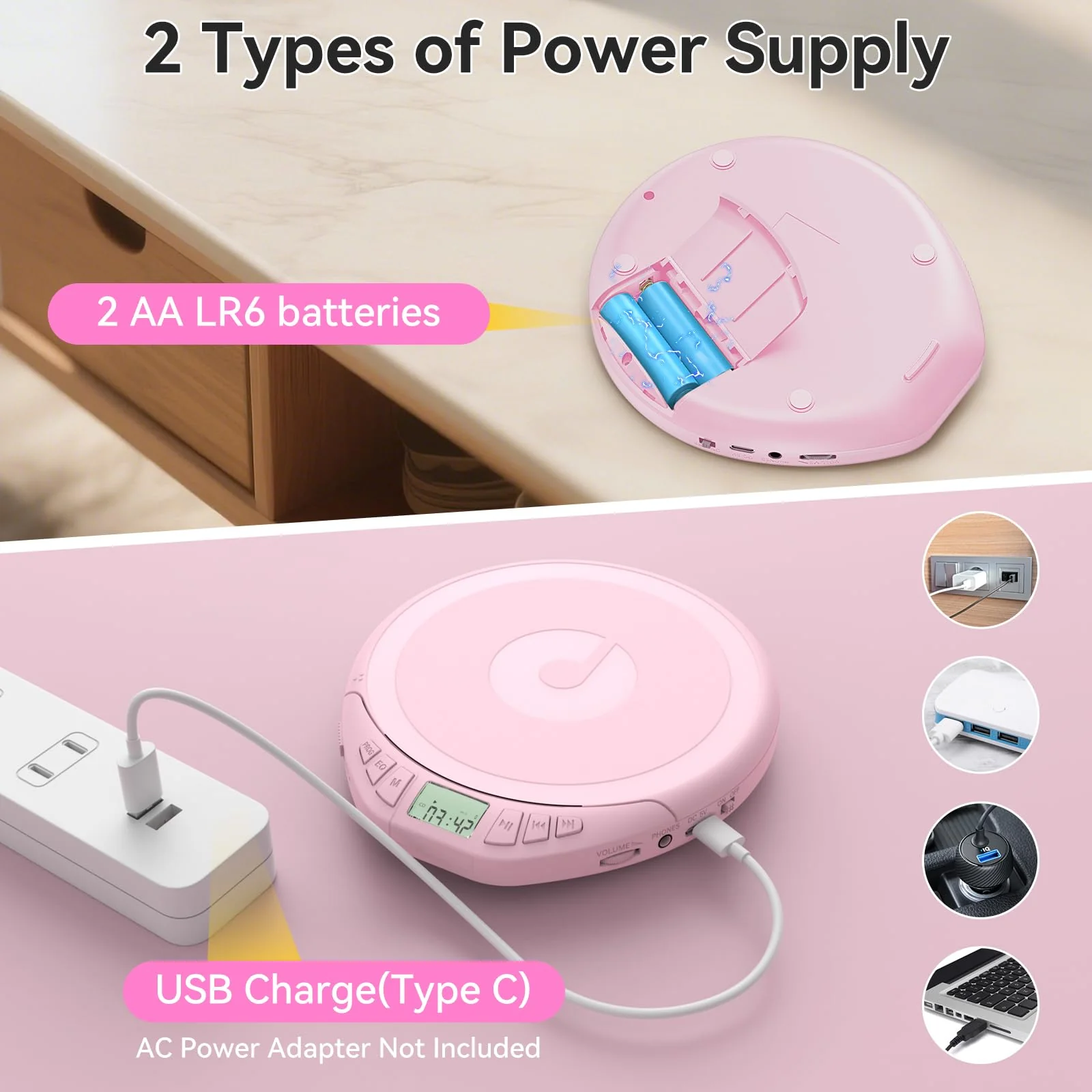 Gueray Portable CD Player with Earphones,CD Discman for Car Home with Anti-Skip Shockproof Protection,Personal CD Music Player with LCD Display Support PROG Memory Function H-01 Pink - Image 3