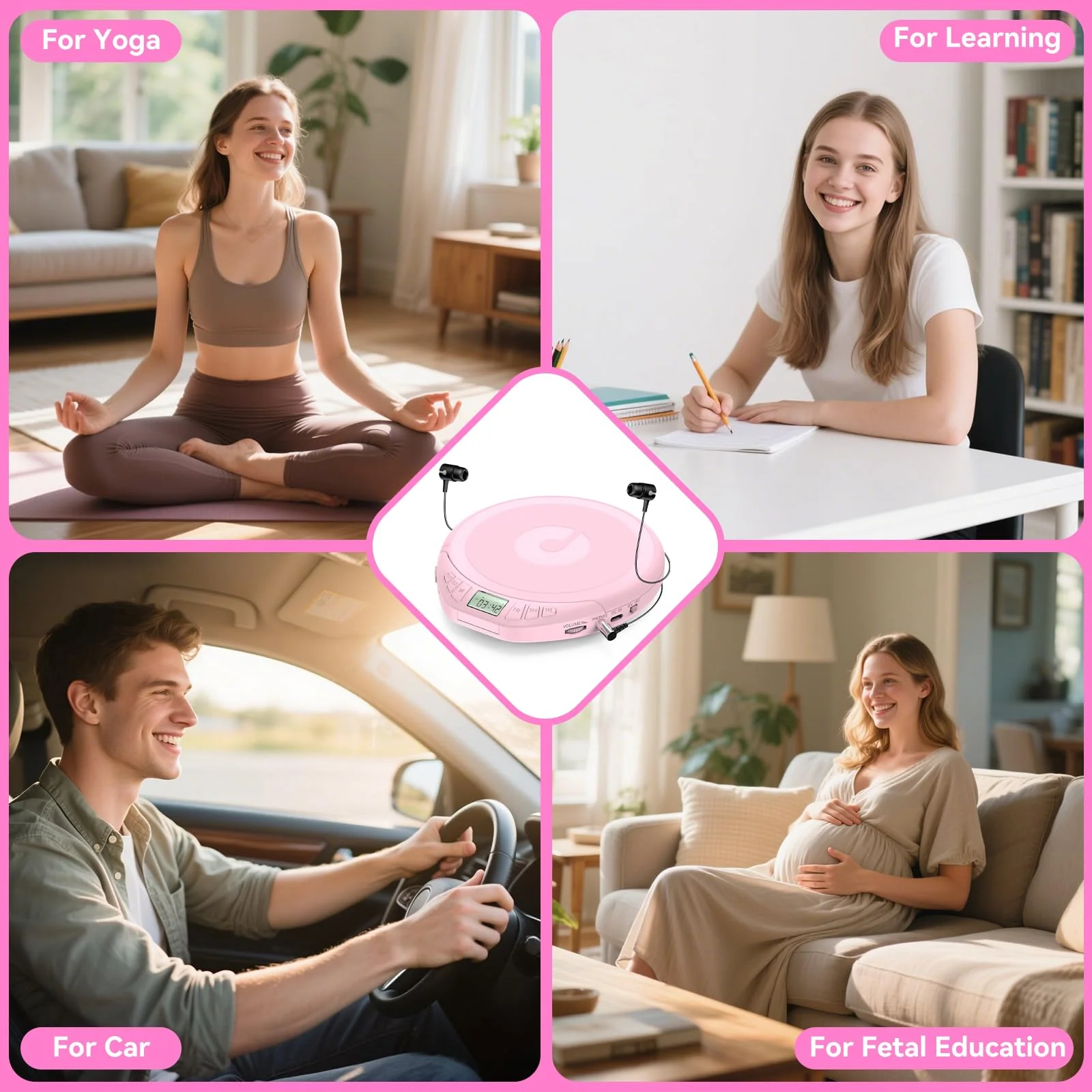 Gueray Portable CD Player with Earphones,CD Discman for Car Home with Anti-Skip Shockproof Protection,Personal CD Music Player with LCD Display Support PROG Memory Function H-01 Pink - Image 5