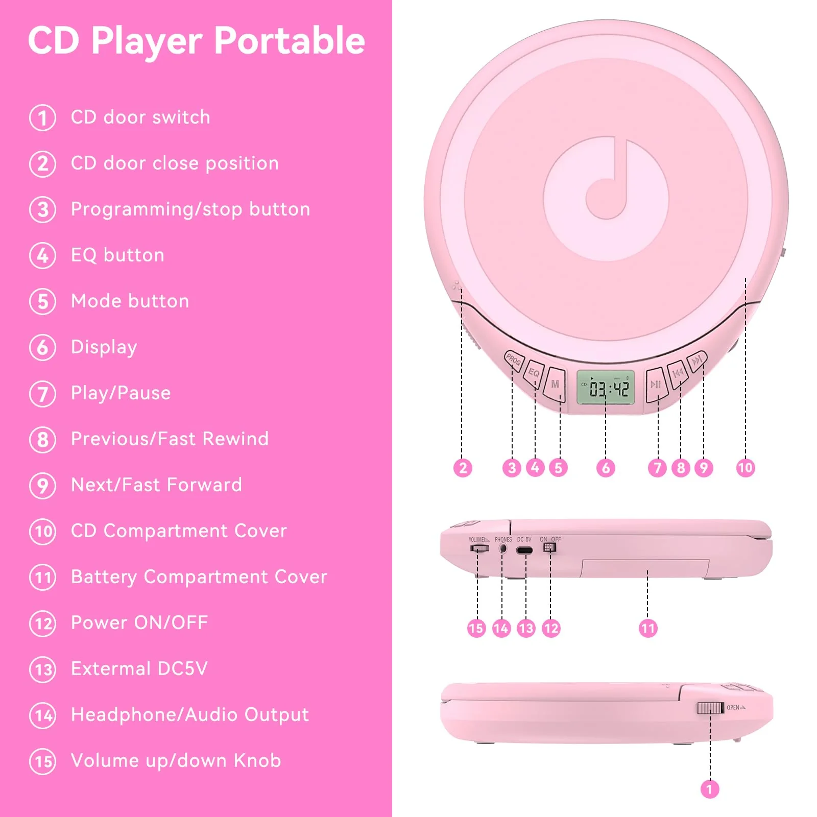 Gueray Portable CD Player with Earphones,CD Discman for Car Home with Anti-Skip Shockproof Protection,Personal CD Music Player with LCD Display Support PROG Memory Function H-01 Pink - Image 7