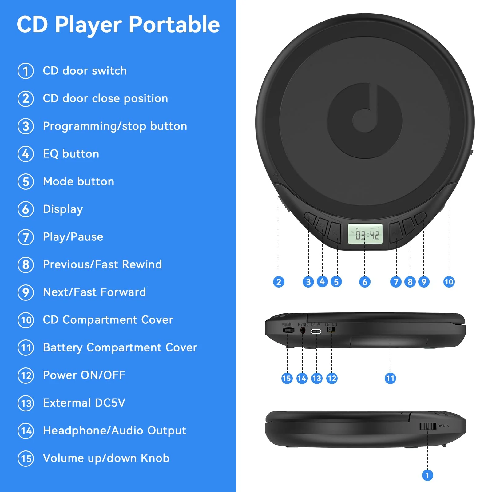 Gueray Portable CD Player with Earphones,CD Discman for Car Home with Anti-Skip Shockproof Protection,Personal Discman CD Music Player with LCD Display Support PROG Memory Function H-01 Black - Image 8
