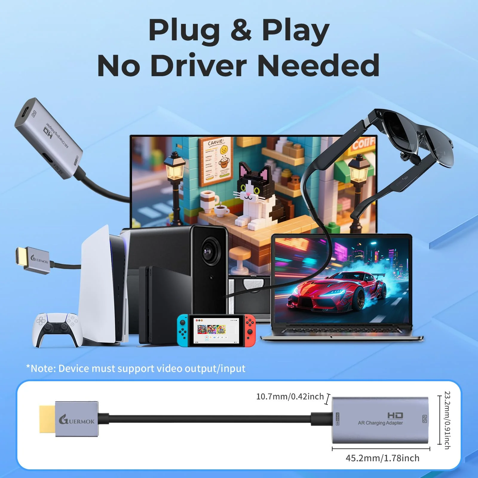 Guermok AR Glasses HDMI to USB-C Display Adapter, 4K@60Hz Play and Charge XR Converter with DC 5V, for XREAL One/Air 2 Pro/RayNeo/Rokid, Switch 2/1, Xbox1, PS4/5, Portable Monitors (Sliver) 0.74FT Silver - Image 6