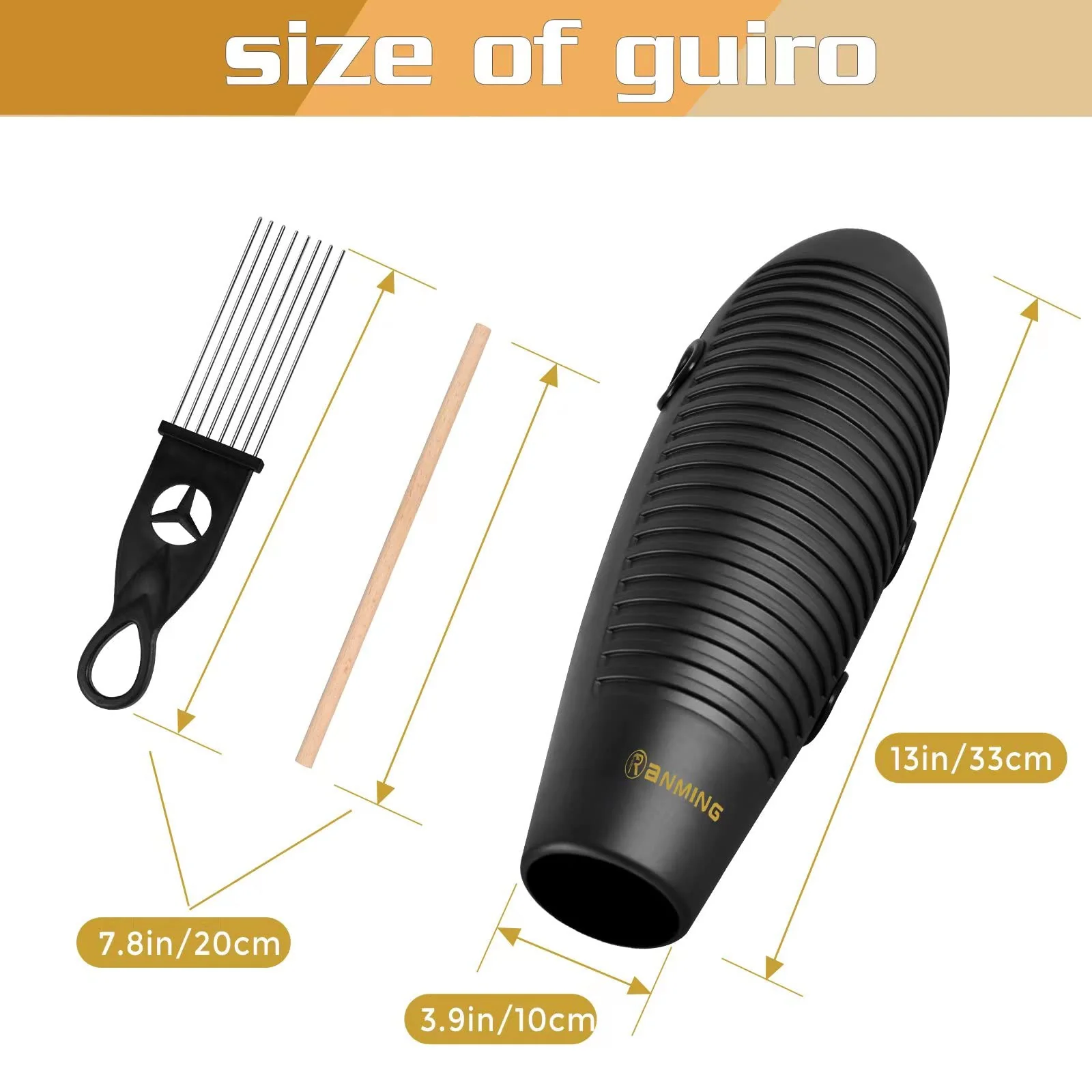 Guiro Instrument,3.9x13 Inch Super Guiro,Fish Shaped Latin Percussion Instrument with 2 x Guiro Scraper Musical Training Tool for Beginners and Music Lover Black. - Image 3
