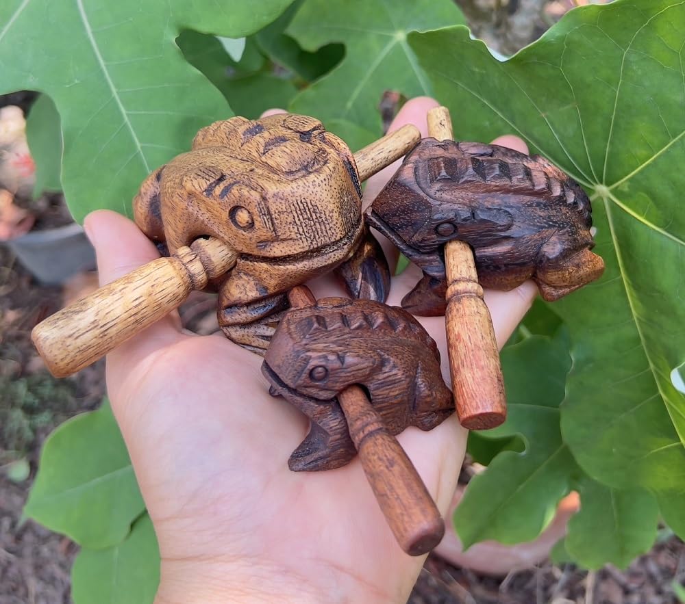 Guiros Percussion Instruments Wooden Frog 3 Piece Set of 4 Inch, 3 Inch, 2.5 Inch, Wooden Frog Musical Instrument (Vintage Style) Vintage Style - Image 2