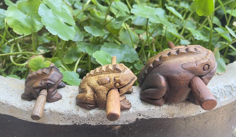 Guiros Percussion Instruments Wooden Frog 3 Piece Set of 4 Inch, 3 Inch, 2.5 Inch, Wooden Frog Musical Instrument (Vintage Style) Vintage Style - Image 3