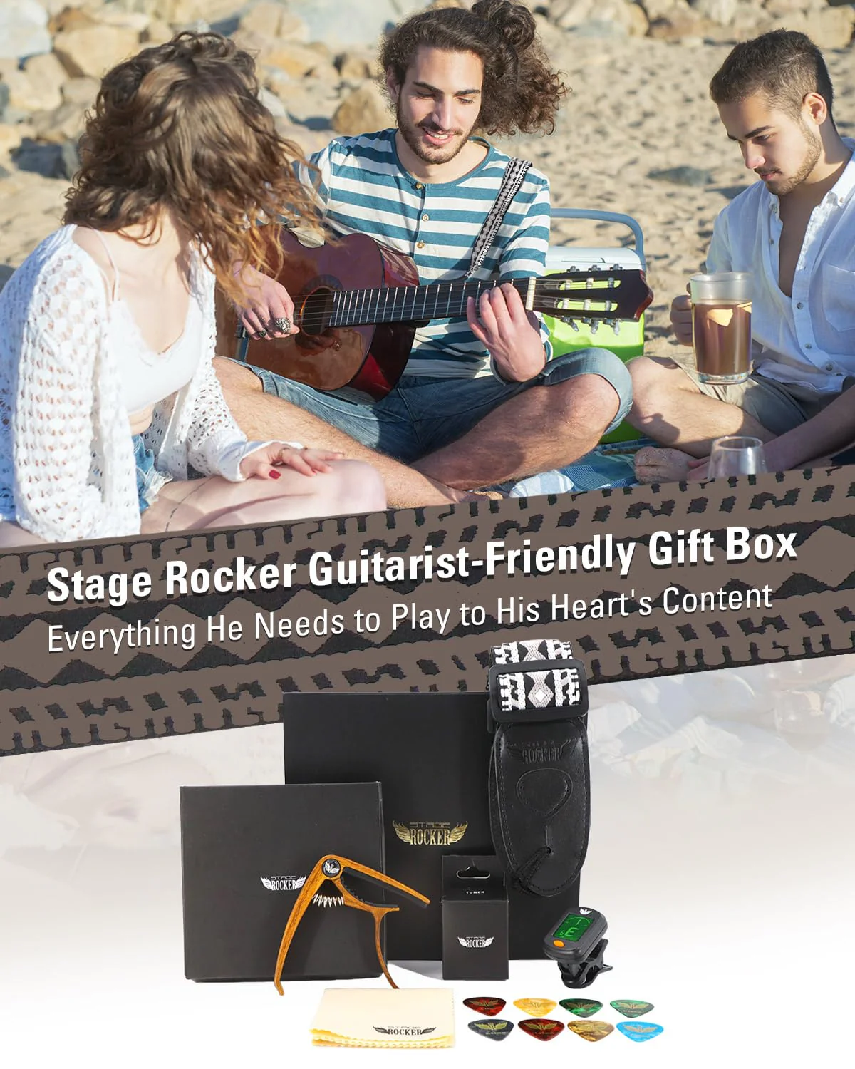 Guitar Accessories Gift Box for Acoustic and Electric Guitars, Black & White Jacquard Weave Guitar Strap, Picks, Capo, Tuner, Cleaning Cloth, 5-in-1 Essential Gift - Image 2