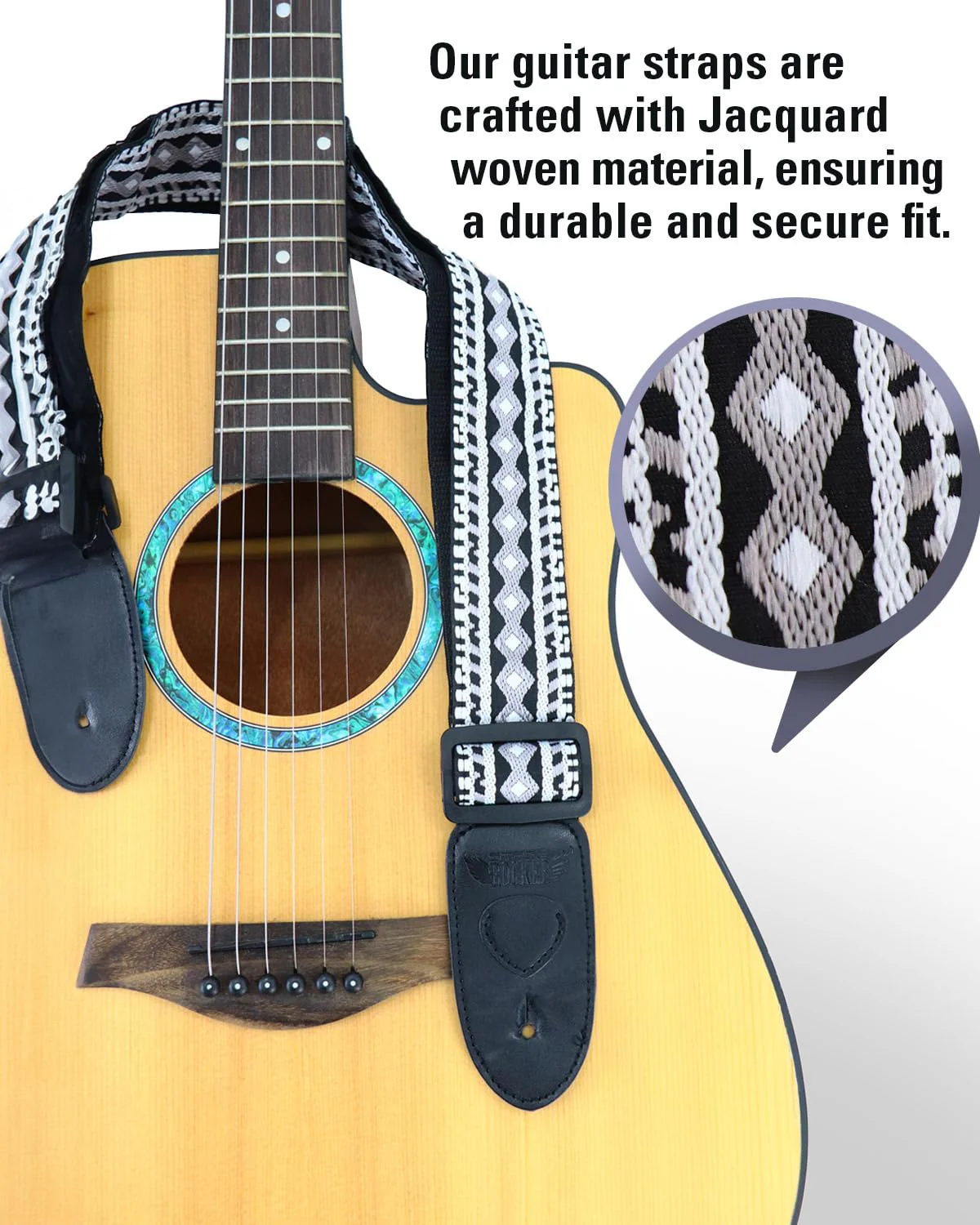 Guitar Accessories Gift Box for Acoustic and Electric Guitars, Black & White Jacquard Weave Guitar Strap, Picks, Capo, Tuner, Cleaning Cloth, 5-in-1 Essential Gift - Image 3