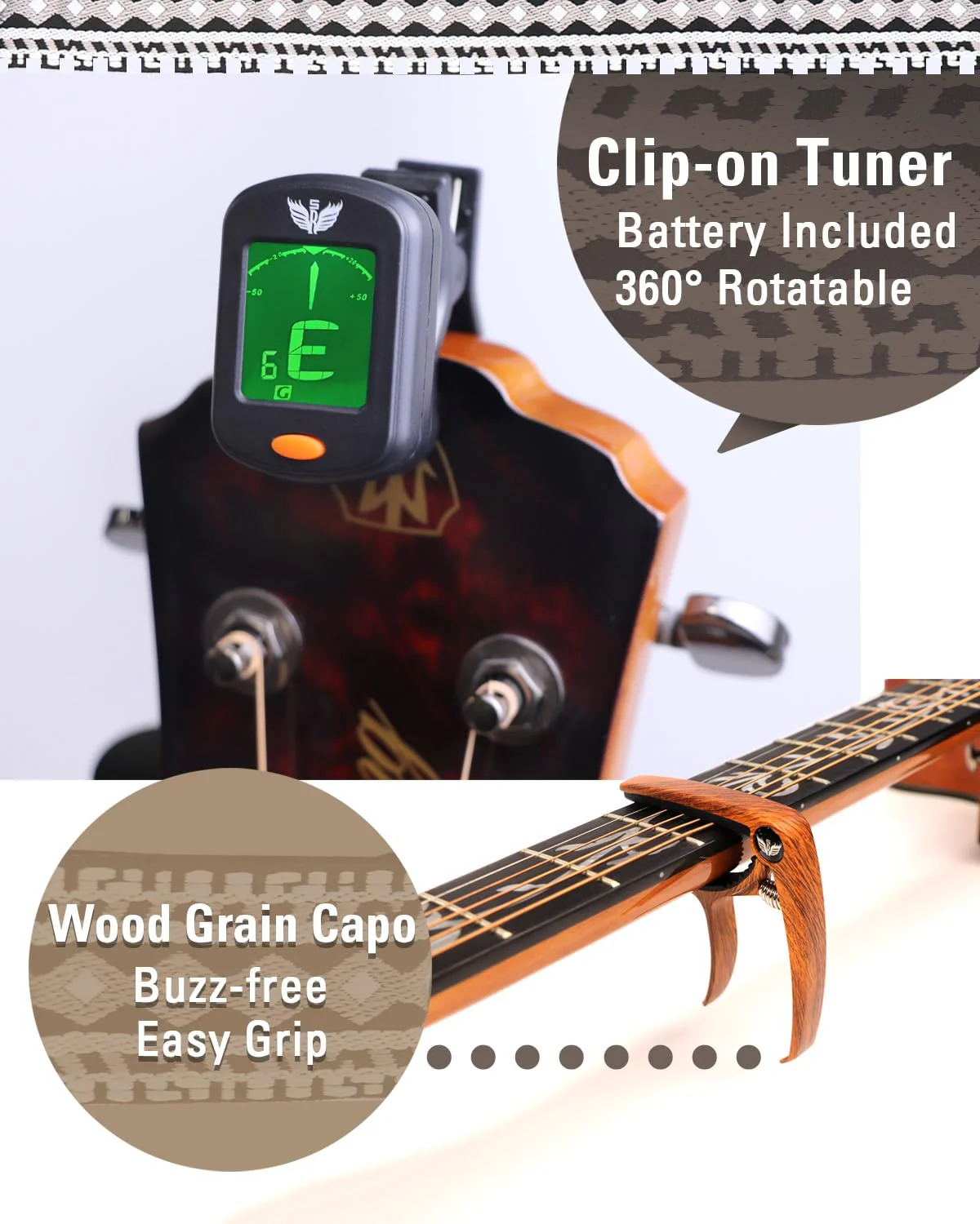 Guitar Accessories Gift Box for Acoustic and Electric Guitars, Black & White Jacquard Weave Guitar Strap, Picks, Capo, Tuner, Cleaning Cloth, 5-in-1 Essential Gift - Image 7