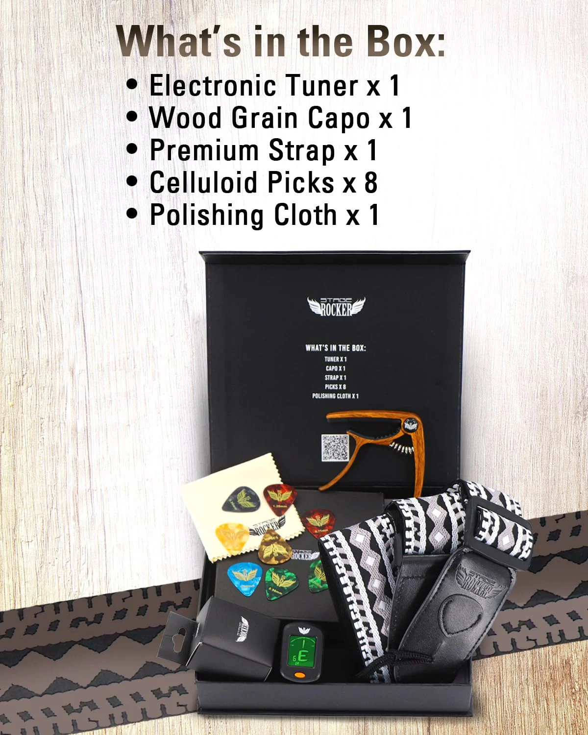 Guitar Accessories Gift Box for Acoustic and Electric Guitars, Black & White Jacquard Weave Guitar Strap, Picks, Capo, Tuner, Cleaning Cloth, 5-in-1 Essential Gift - Image 8