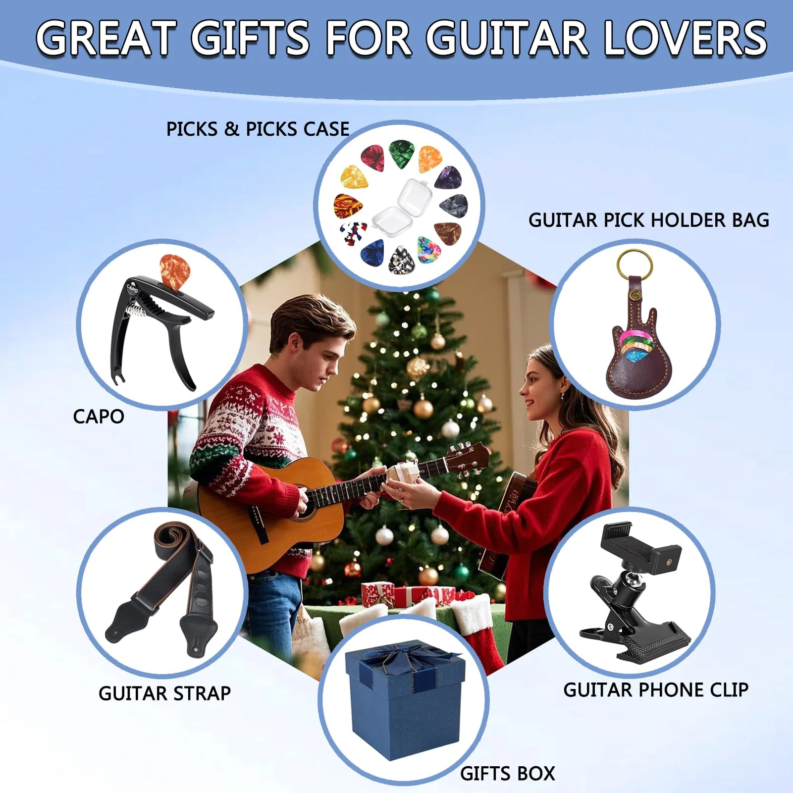 Guitar Accessories Kit gifts,Guitar Capo,Strap,Picks,Guitar pick holder bag,picks box,Phone Clip,Accessories for Acoustic,Bass, Electric & Ukulele - Image 6