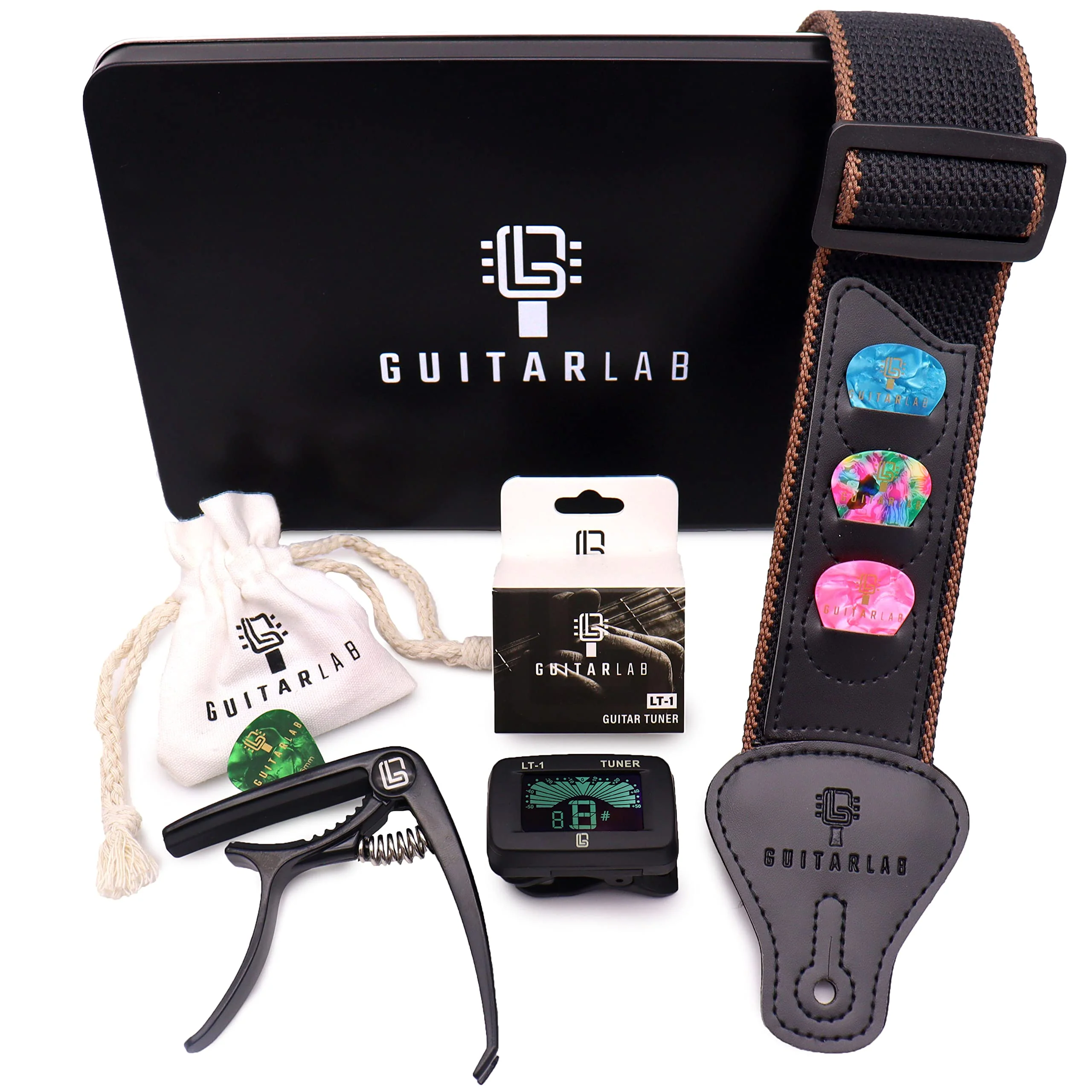 Guitar Accessories Kit - Premium Metal Tin with Guitar Strap, Capo, Tuner & Picks for Acoustic, Bass, Electric & Ukelele Guitars - Image 2