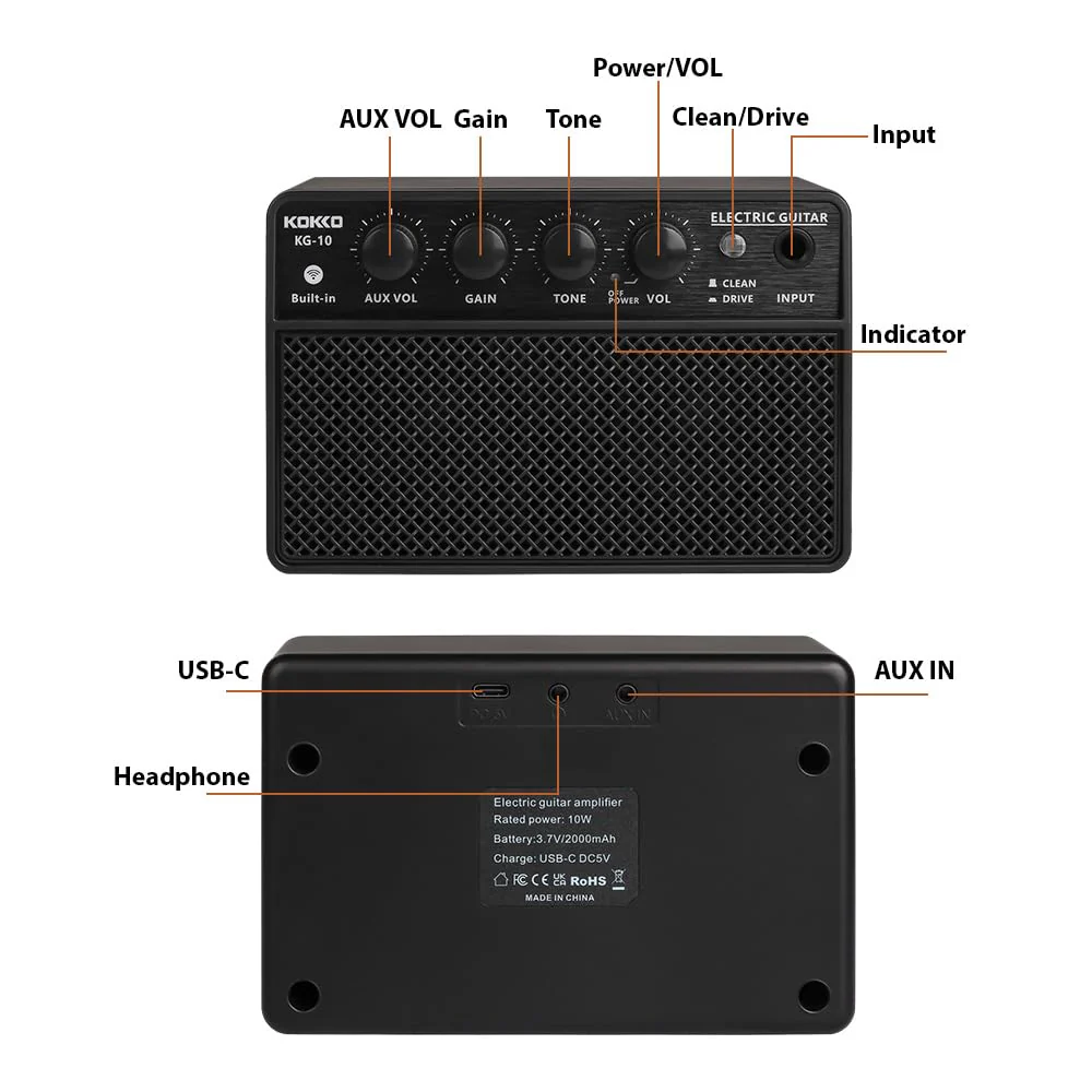 Guitar Amplifier Small Electric Guitar Amp 10W Mini Portable Guitar Practice Speaker for Daily Practice Street Performances Rechargeable Portable Audio Supports BT/Headphone Connection - Image 3