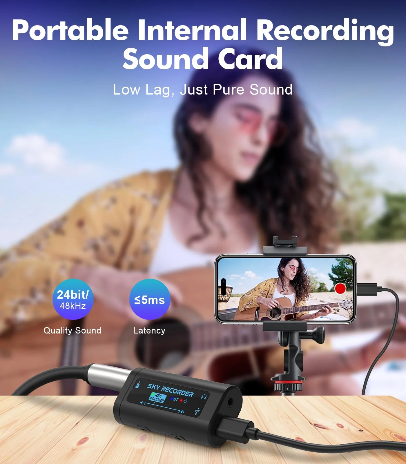 Guitar Audio Interface Pocket Internal Recording Sound Card with Bluetooth, Internal Sound Card, Compatible with iPhone, Mac, Laptop, Android—Plug & Play for Recording, Streaming, Playing - Image 2