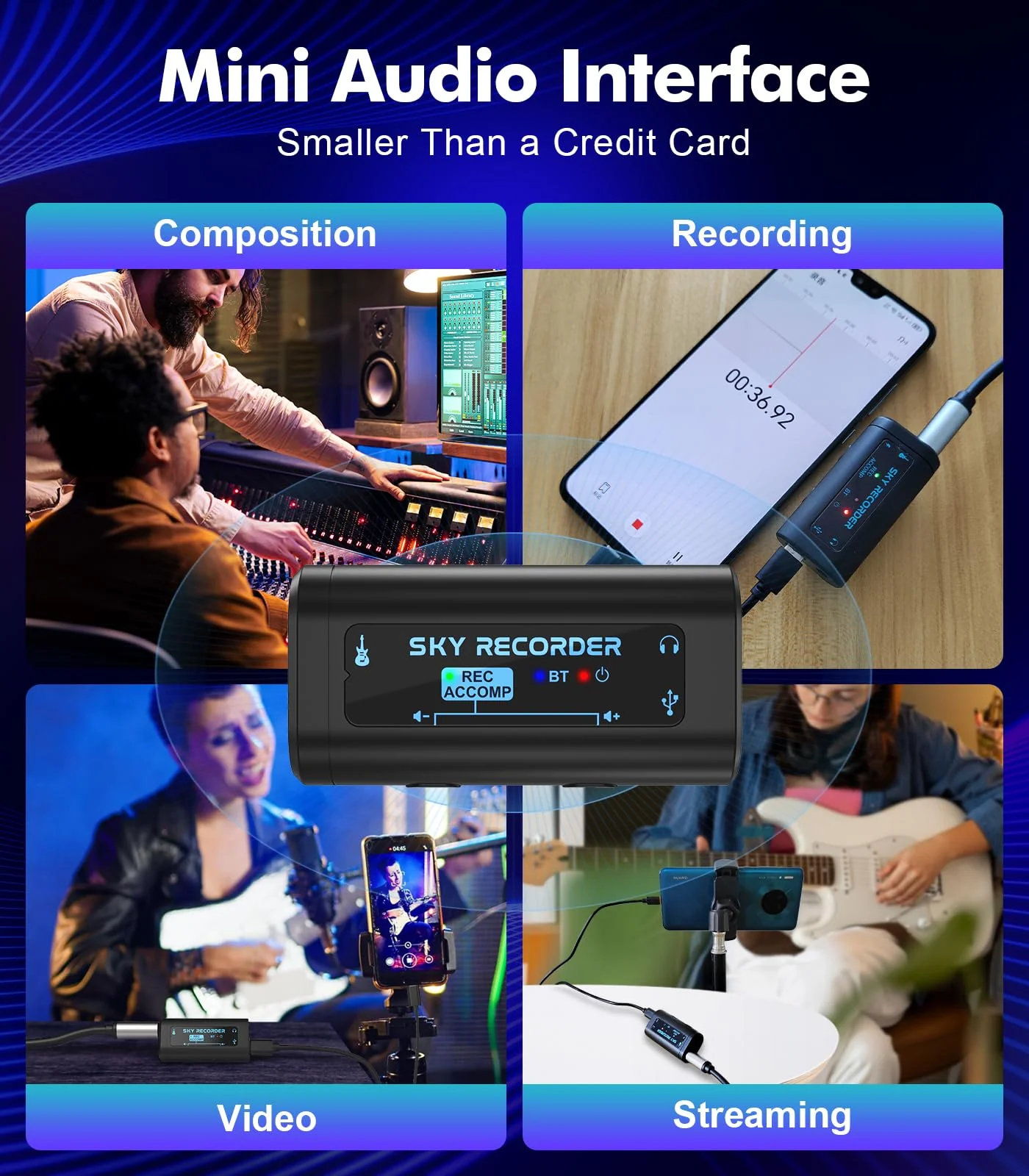 Guitar Audio Interface Pocket Internal Recording Sound Card with Bluetooth, Internal Sound Card, Compatible with iPhone, Mac, Laptop, Android—Plug & Play for Recording, Streaming, Playing - Image 4