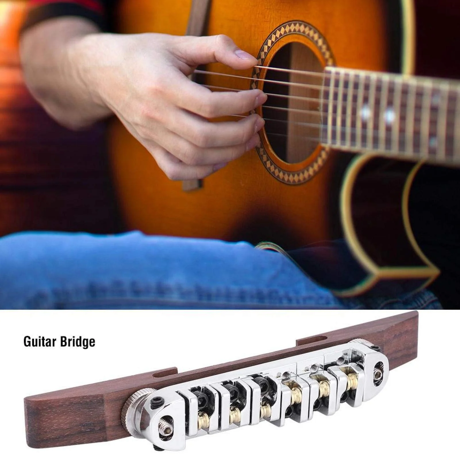 Guitar Bridge Copper zinc Alloy + Rosewood Archtop Guitar Bridge with Adjustable Roller Saddles for 6 String LP SG Jazz Guitar Silver - Image 7