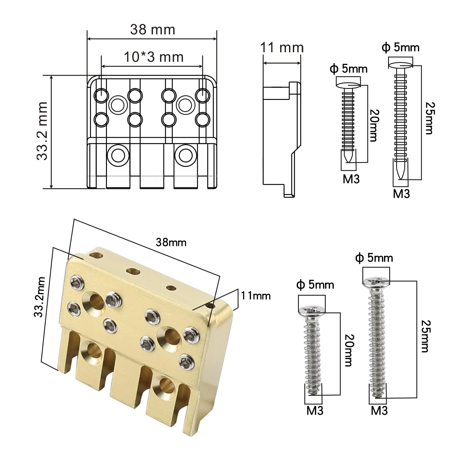 Guitar Bridge String Locks 4 String Bass String Locking Nut Headless Bass Guitar String Lock Brass String Locking for Headless Electric Bass Guitar Replacement Parts （Brass) 4 String Lock Brass natural colour - Image 7
