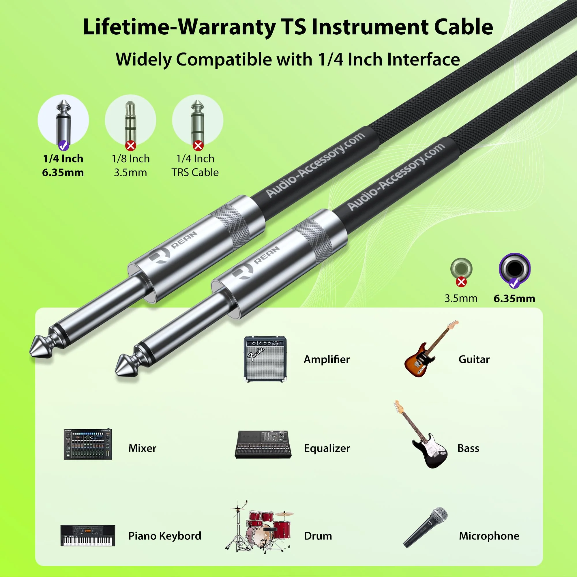 Guitar Cable 10 ft 2 Pack, Nylon Braided Anti-Kinking Kevlar-Reinforced, Neutrik REAN Connector, 20 Gauge 99.99% OFC 1/4 Instrument Cable, AL & OFC Dual Shielded Amp Cord for Fender Electric Guitar 10 ft, 2 Pack Straight, Rean Black - Image 9