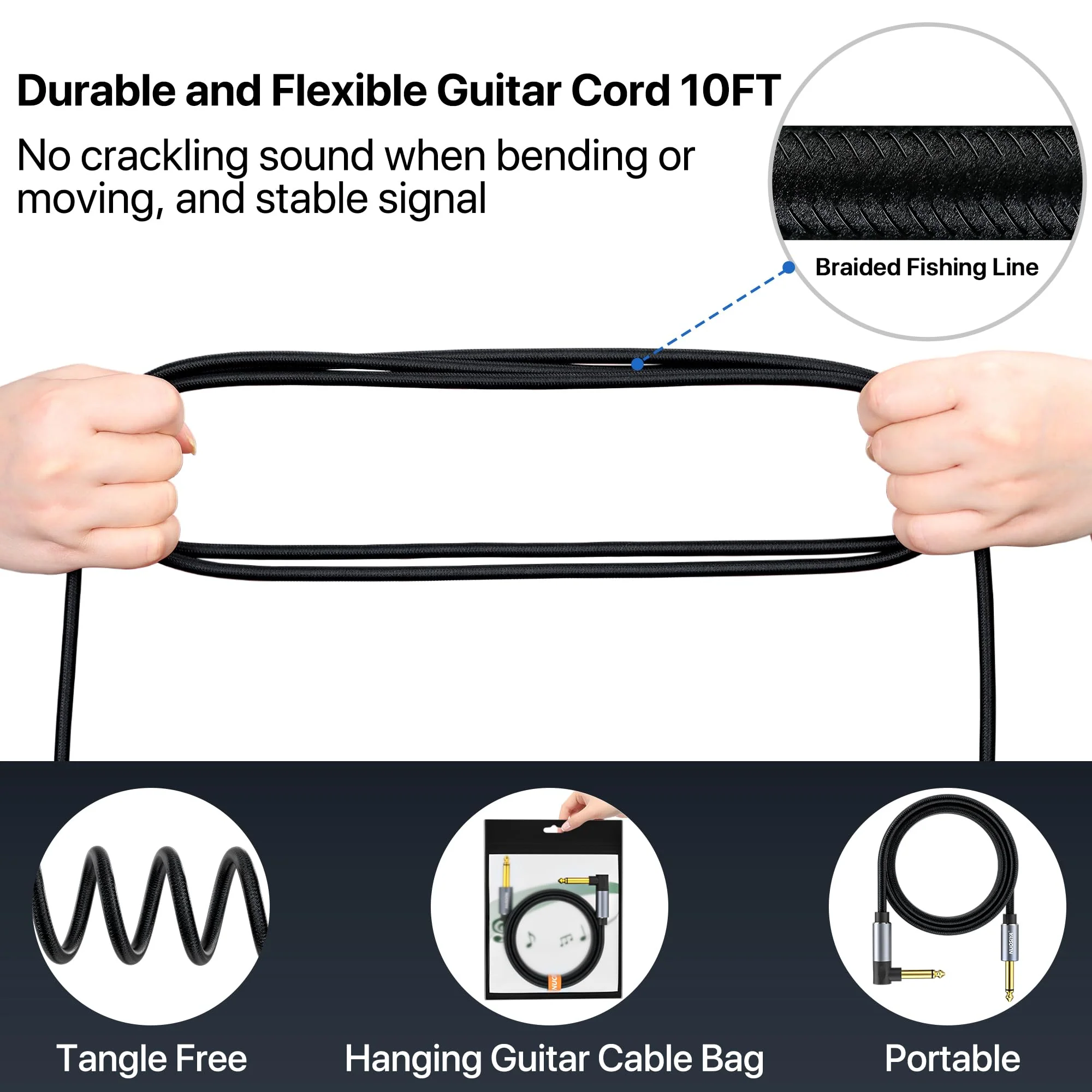 Guitar Cable 10FT, Electric Instrument Bass AMP Cord 1/4 Inch TS Guitar Cables with OFC-Graphene Hybrid Shield for Electric Mandolin, Pro Audio (Straight to Right Angle) Braided Black - Image 2