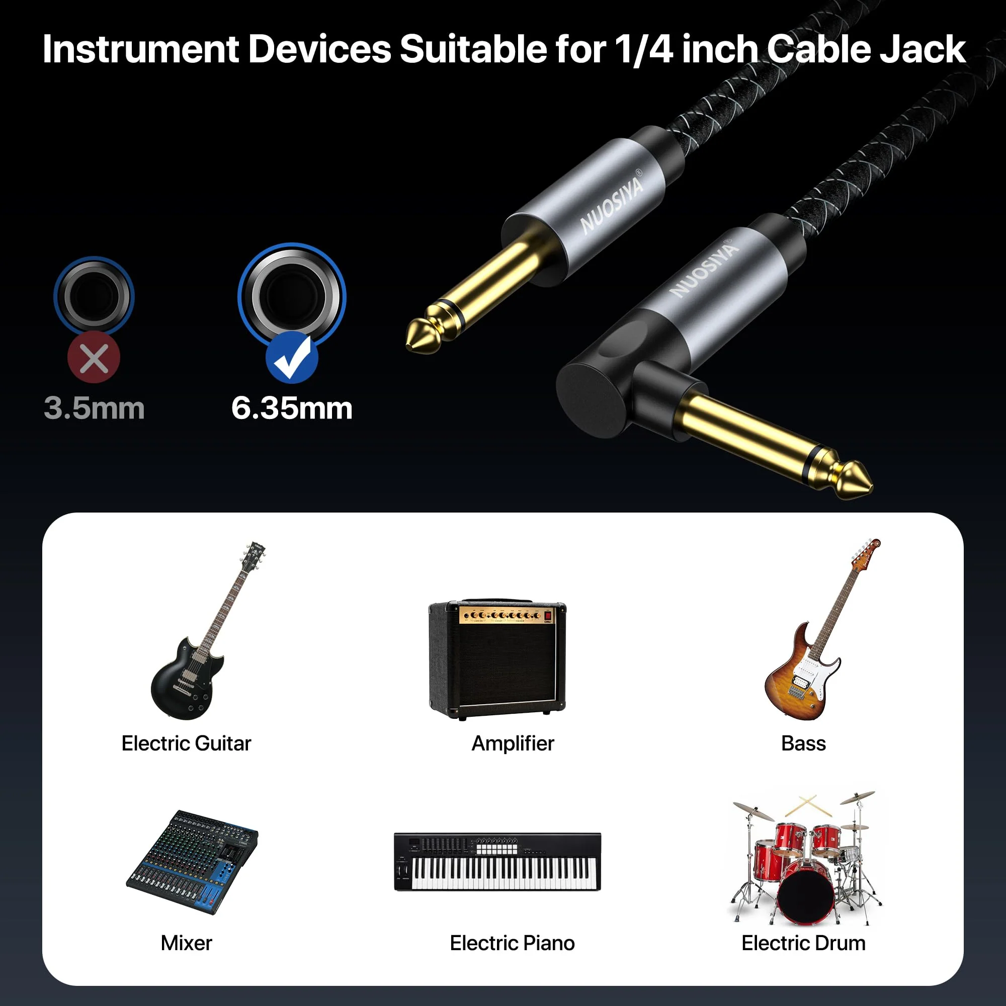 Guitar Cable 10FT, Electric Instrument Bass AMP Cord 1/4 Inch TS Guitar Cables with OFC-Graphene Hybrid Shield for Electric Mandolin, Pro Audio (Straight to Right Angle) Braided Black - Image 6