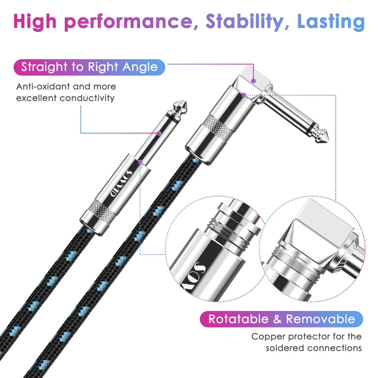 Guitar Cable 10FT Instrument Cable Guitar Cord Electric Guitar Cable Guitar AMP Cord for Bass Guitar Keyboard 1/4 Inch Cable Right Angle Black Blue 1 Pack-Right Angle - Image 4