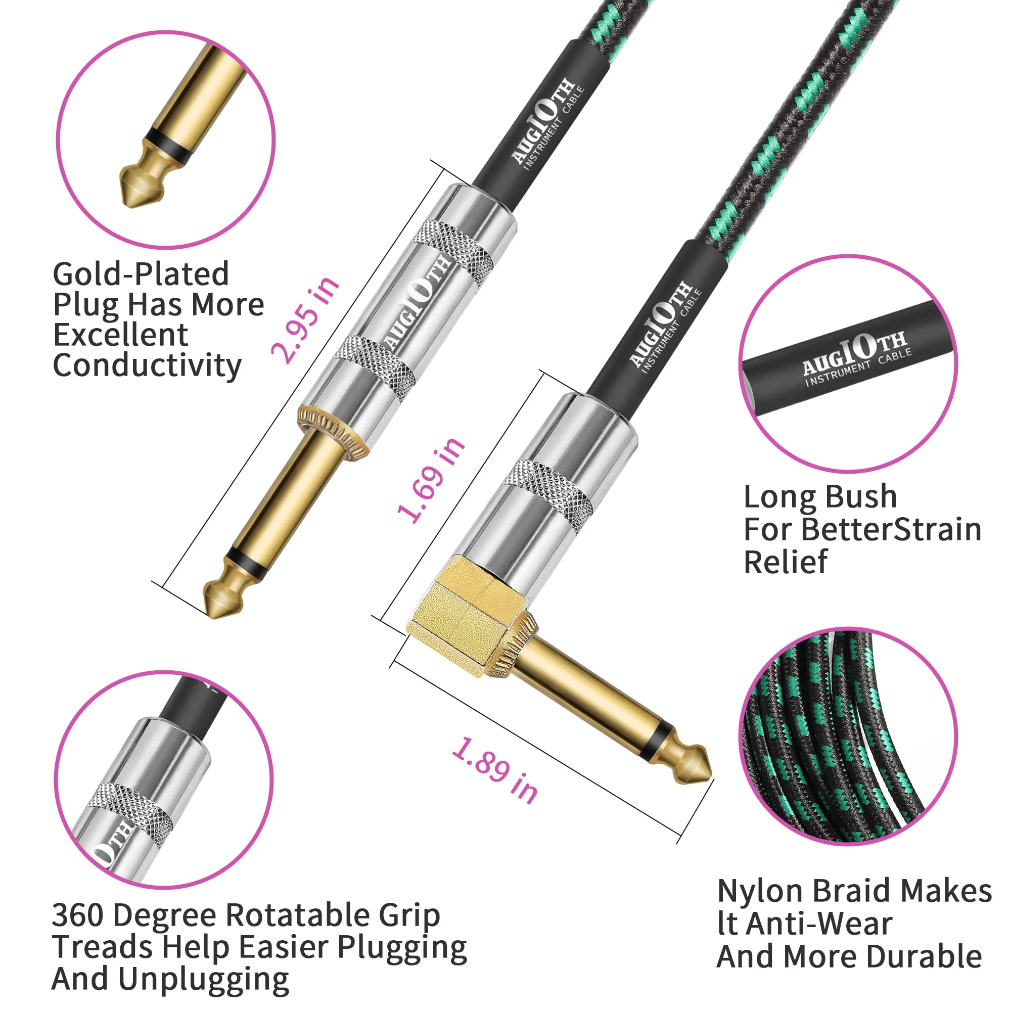 Guitar Cable 20 ft 2 Pack, Electric Instrument Bass Cable AMP Cord 1/4 Straight to Angled Dark Green Tweed 20ft Straight Angled Green Braided - Image 3
