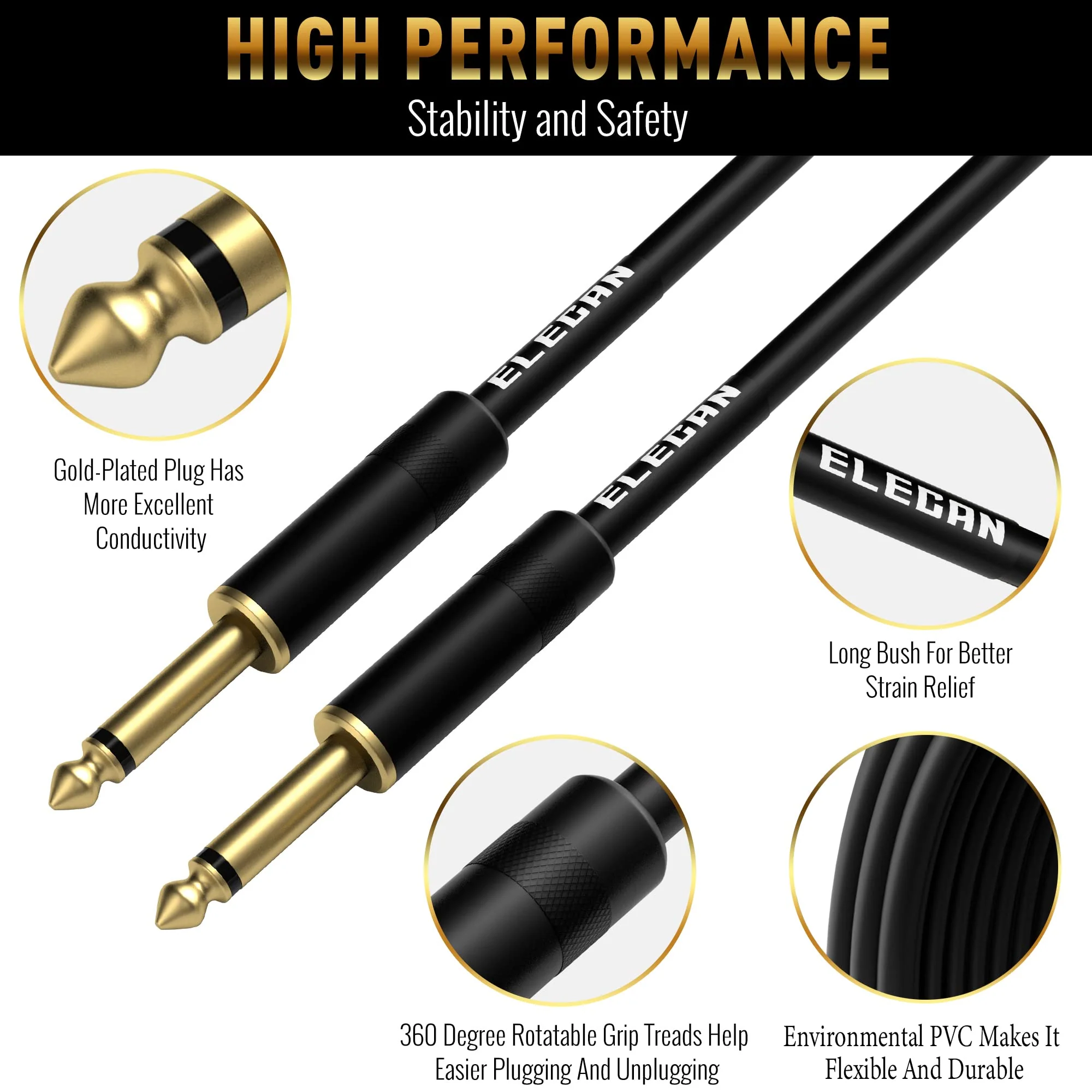 Guitar Cable 50 Feet -Straight to Straight Instrument Cable-Gold Plated-1/4 Inch TS Professional Electric Bass Guitar Cord Amp Cable 6.35mm Male PVC Jacket with 6 Guitar Picks+5 Ties 50FT-1PK Straight to Straight - Image 2