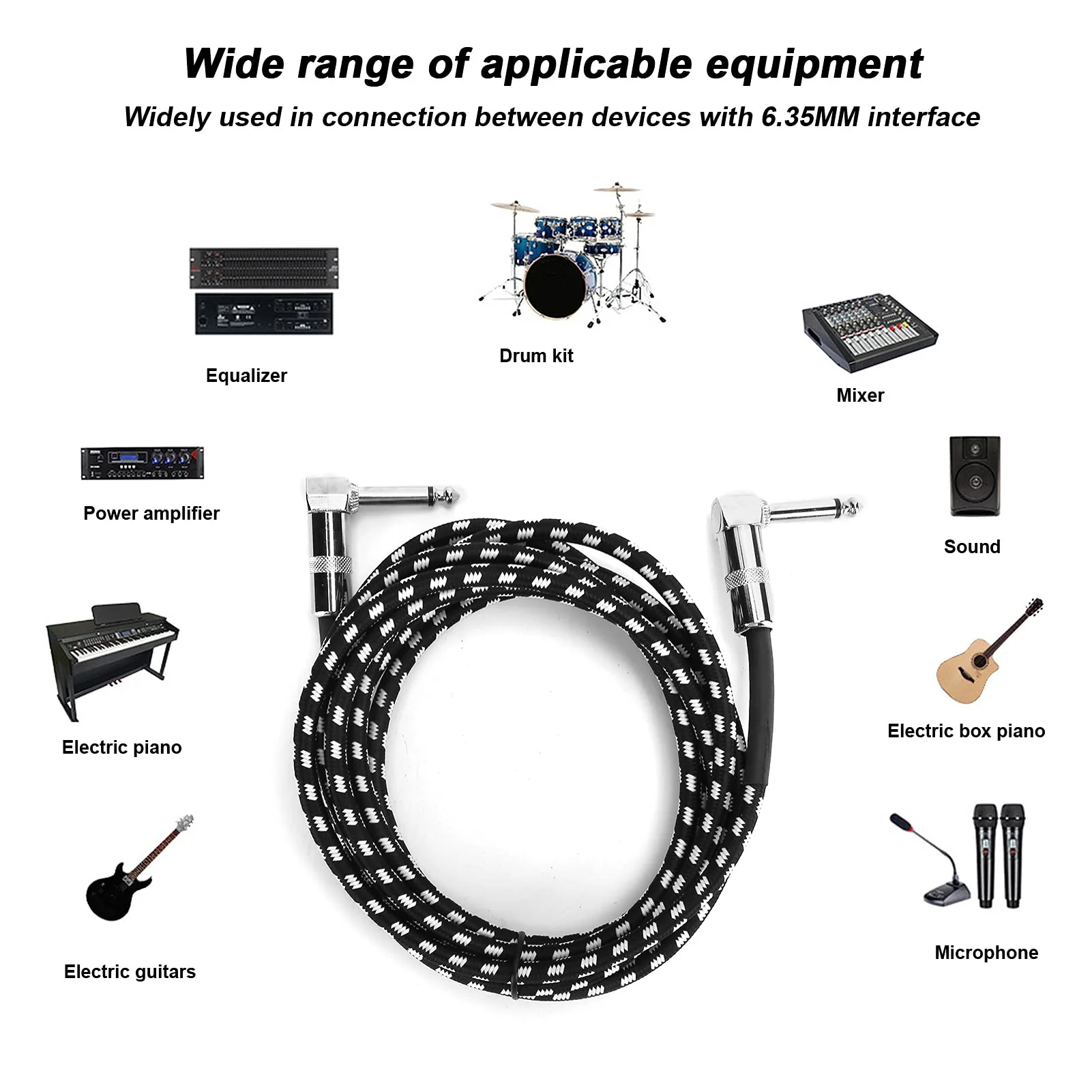 Guitar Cable - 6.35MM Male Head Audio Guitar Cable 10ft Electric Guitar Amplifier Cord - Right Angle to Right Angle 1/4 Inch Instrument Cable Guitar Amp Cable(Black-White) - Image 2