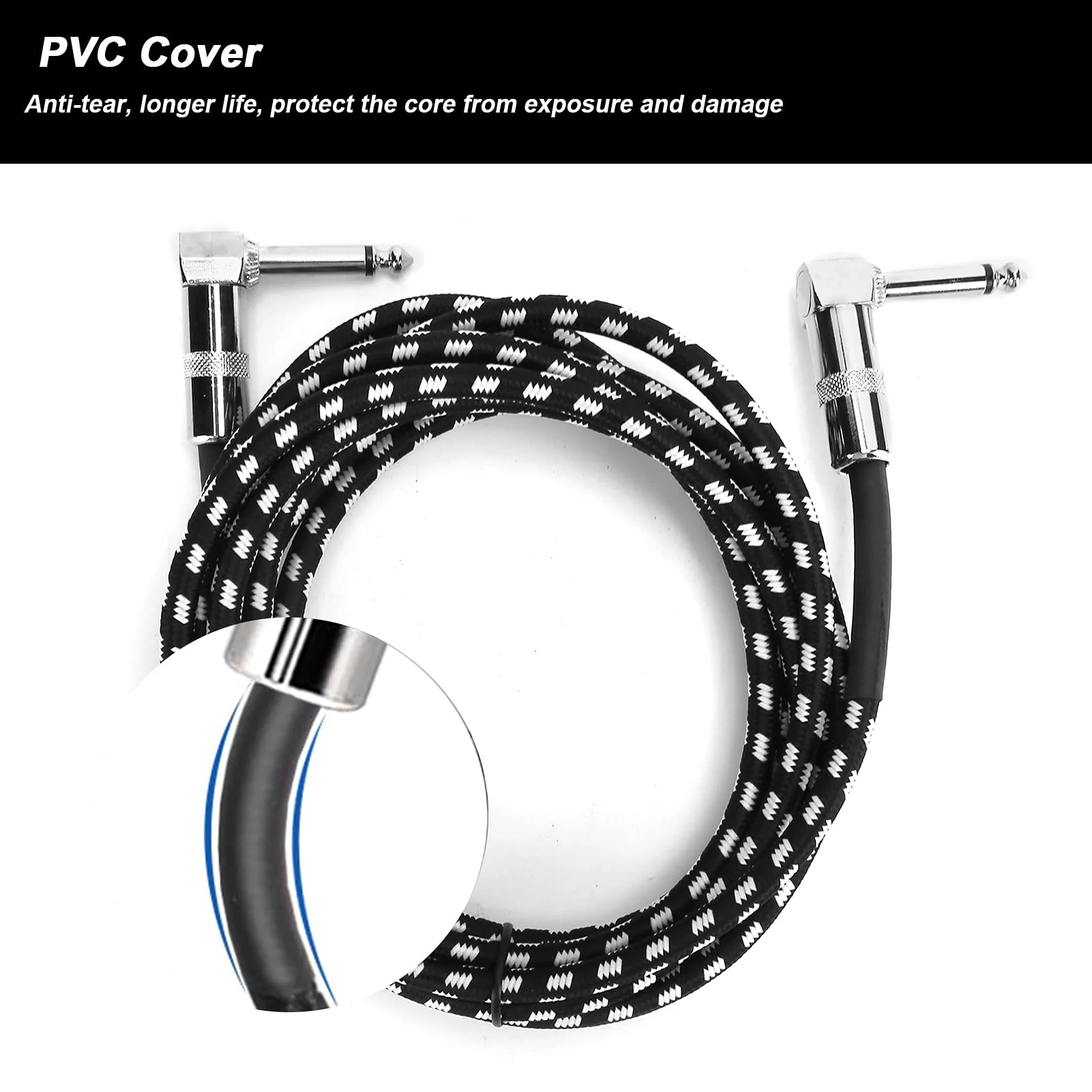 Guitar Cable - 6.35MM Male Head Audio Guitar Cable 10ft Electric Guitar Amplifier Cord - Right Angle to Right Angle 1/4 Inch Instrument Cable Guitar Amp Cable(Black-White) - Image 5