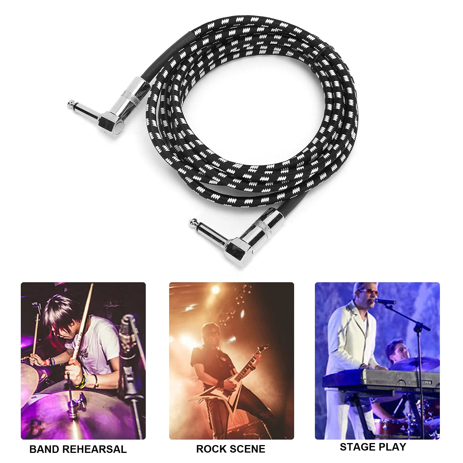 Guitar Cable - 6.35MM Male Head Audio Guitar Cable 10ft Electric Guitar Amplifier Cord - Right Angle to Right Angle 1/4 Inch Instrument Cable Guitar Amp Cable(Black-White) - Image 6