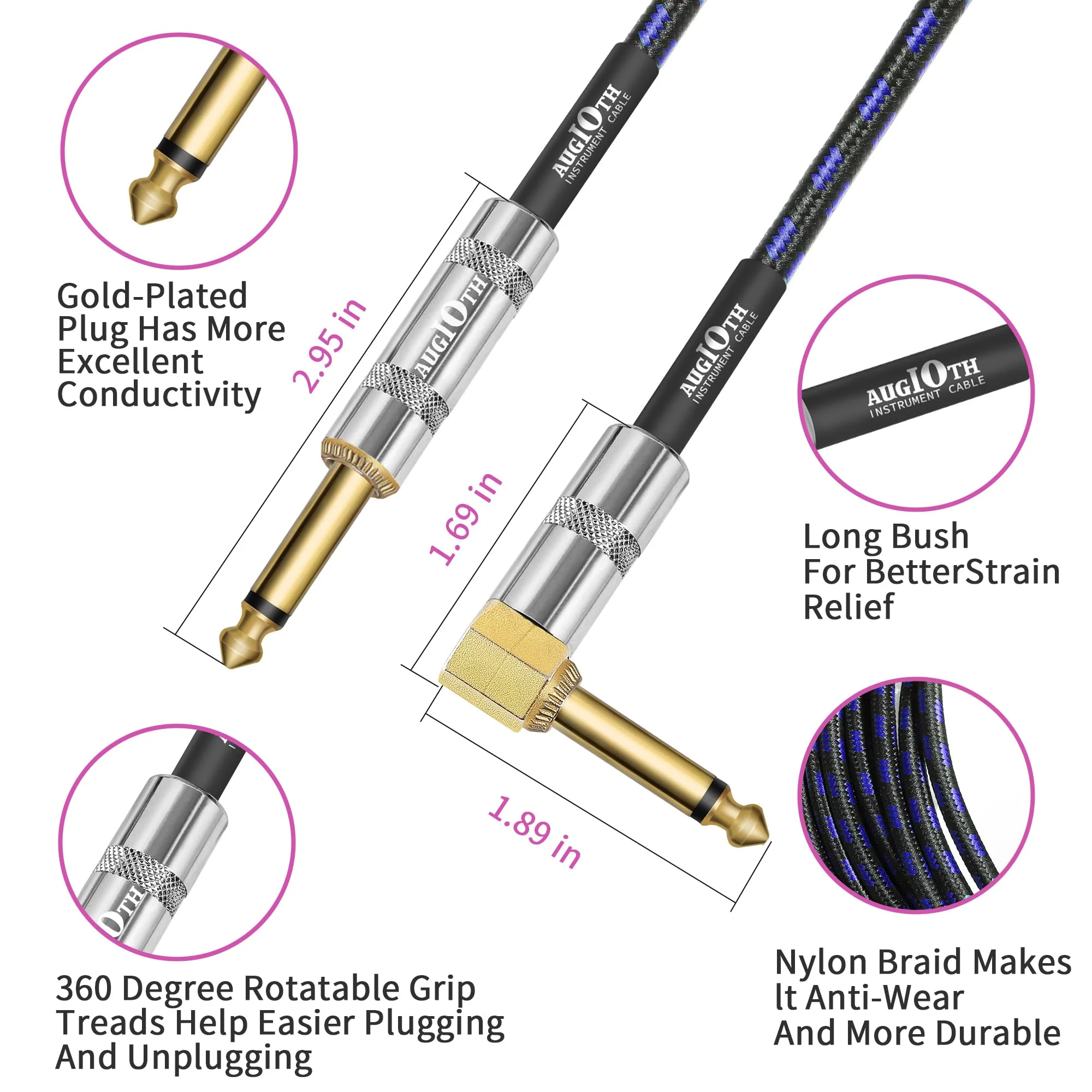 Guitar Cable 6 ft 2 Pack, Electric Instrument Bass Cable AMP Cord 1/4 Straight to Angled Dark Blue Tweed 6ft Straight Angled Blue Braided - Image 3