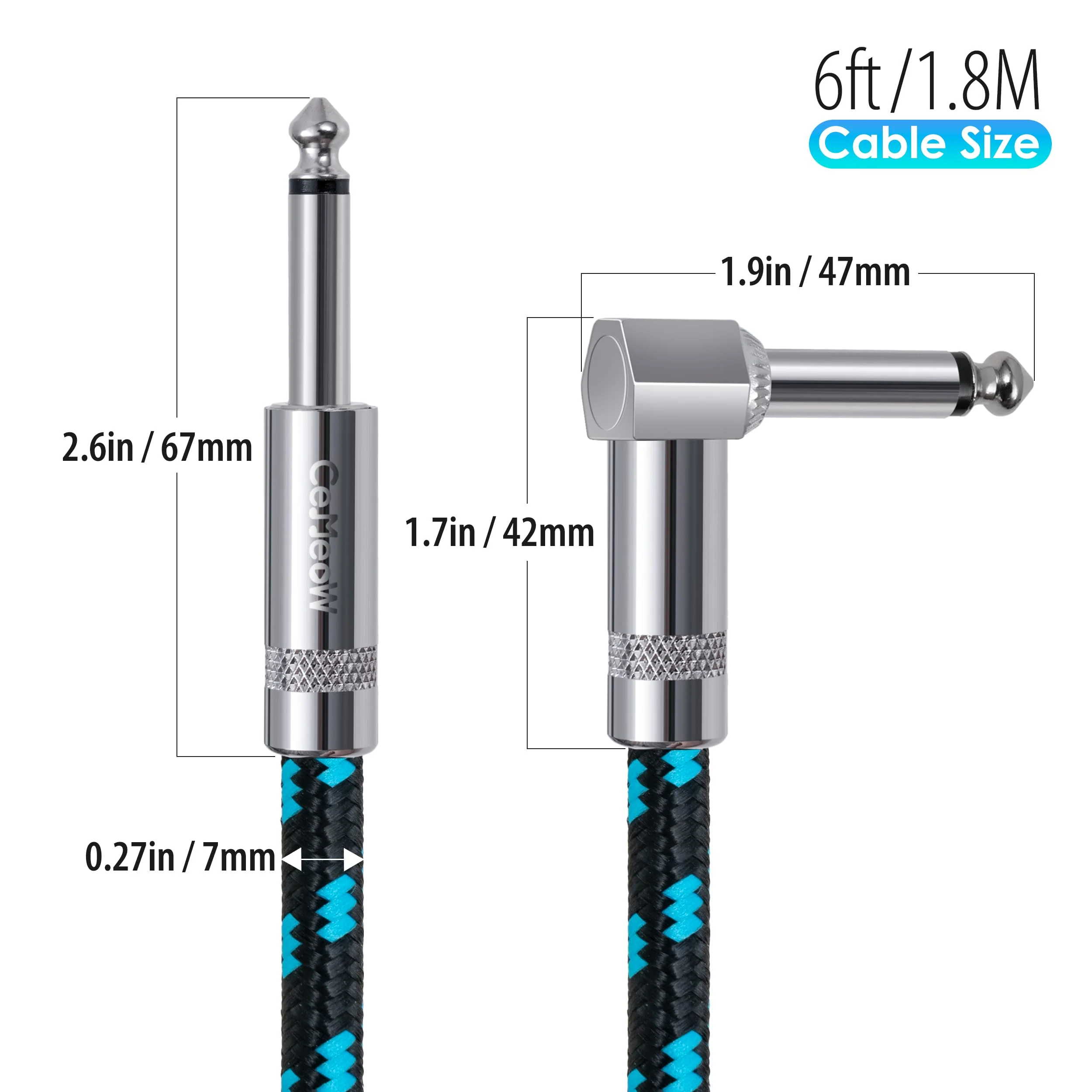 Guitar Cable 6ft 1/4 Inch Guitar Cord Straight to Right Angle Instrument Cable with Braided Tweed and Anti-Kinking Design for Guitar Bass Amp, Black & Blue Black Blue - Image 4