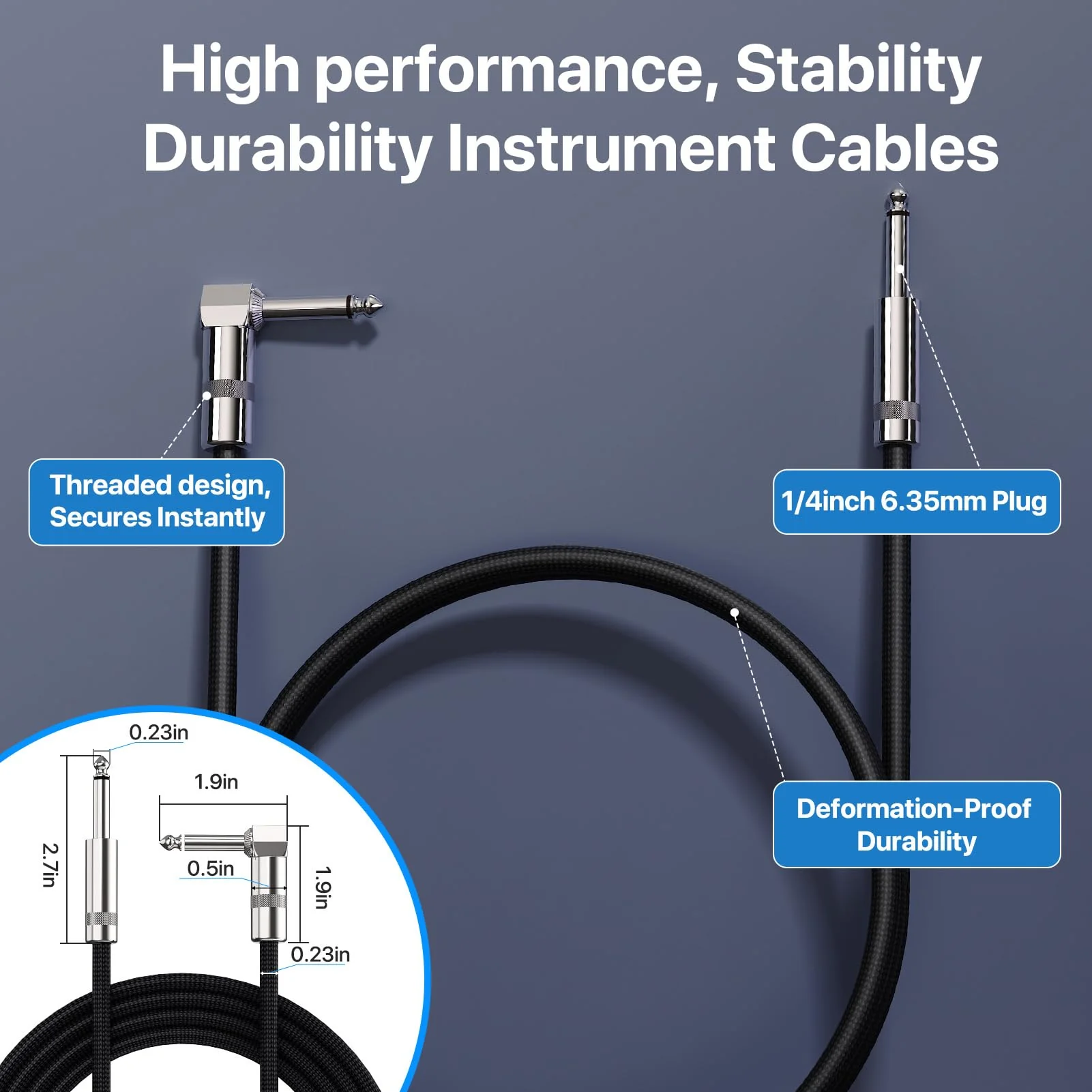 Guitar Cables 50FT, Amp Chord Electric Guitar Aux Amp Cord Braided, TS 1/4 Quarter Inch Straight to Right Angle Bass Instrument Cable Pro Audio (Black, 1Pack) 1 PACK - Image 3