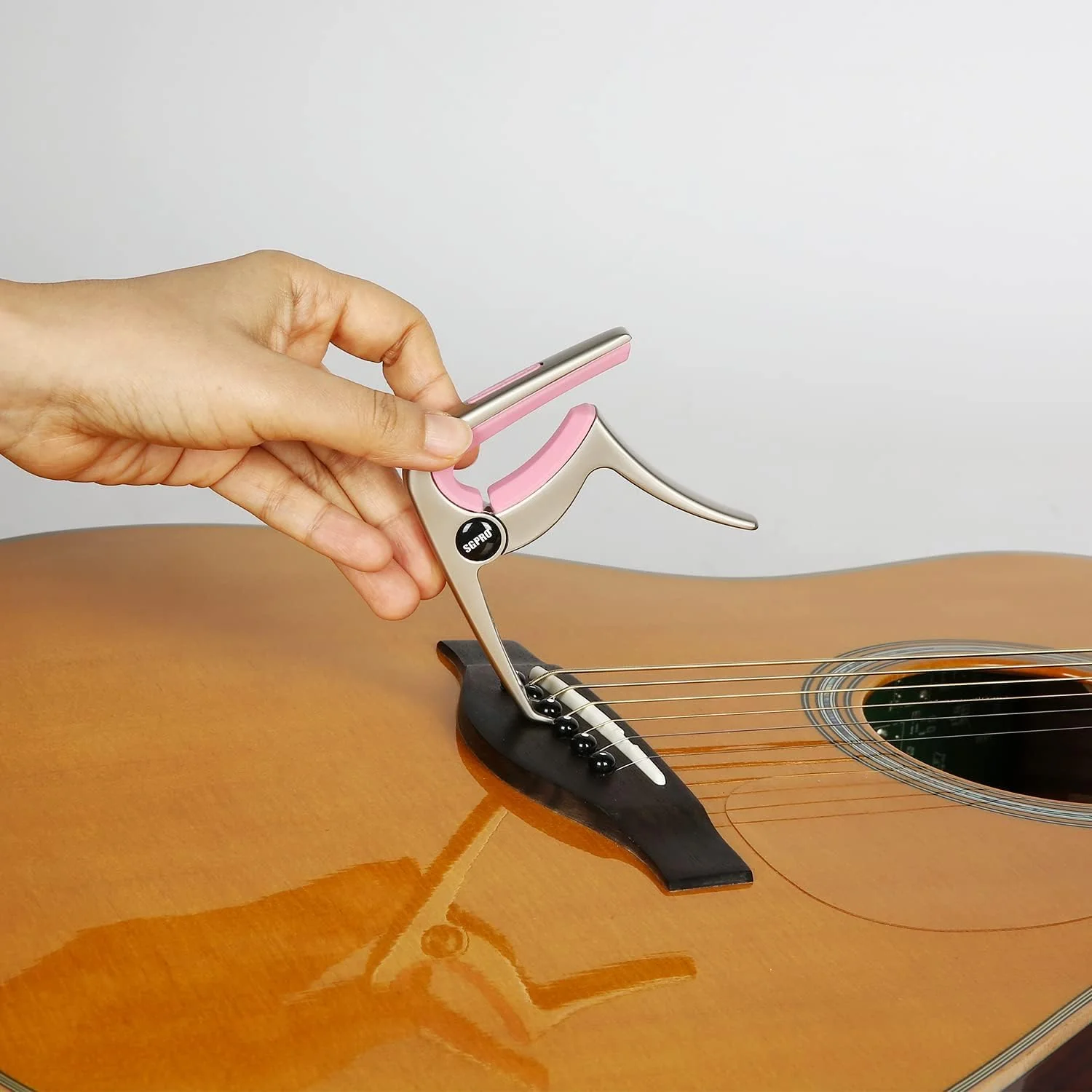 Guitar Capo 3-in-1: Acoustic & Electric Capo, Guitar Pin Puller, Pick Holder - Hidden Spring Design, Trapezoid Silicone Rubber Pad, Superior Zinc Alloy (Pink) Pink - Image 2