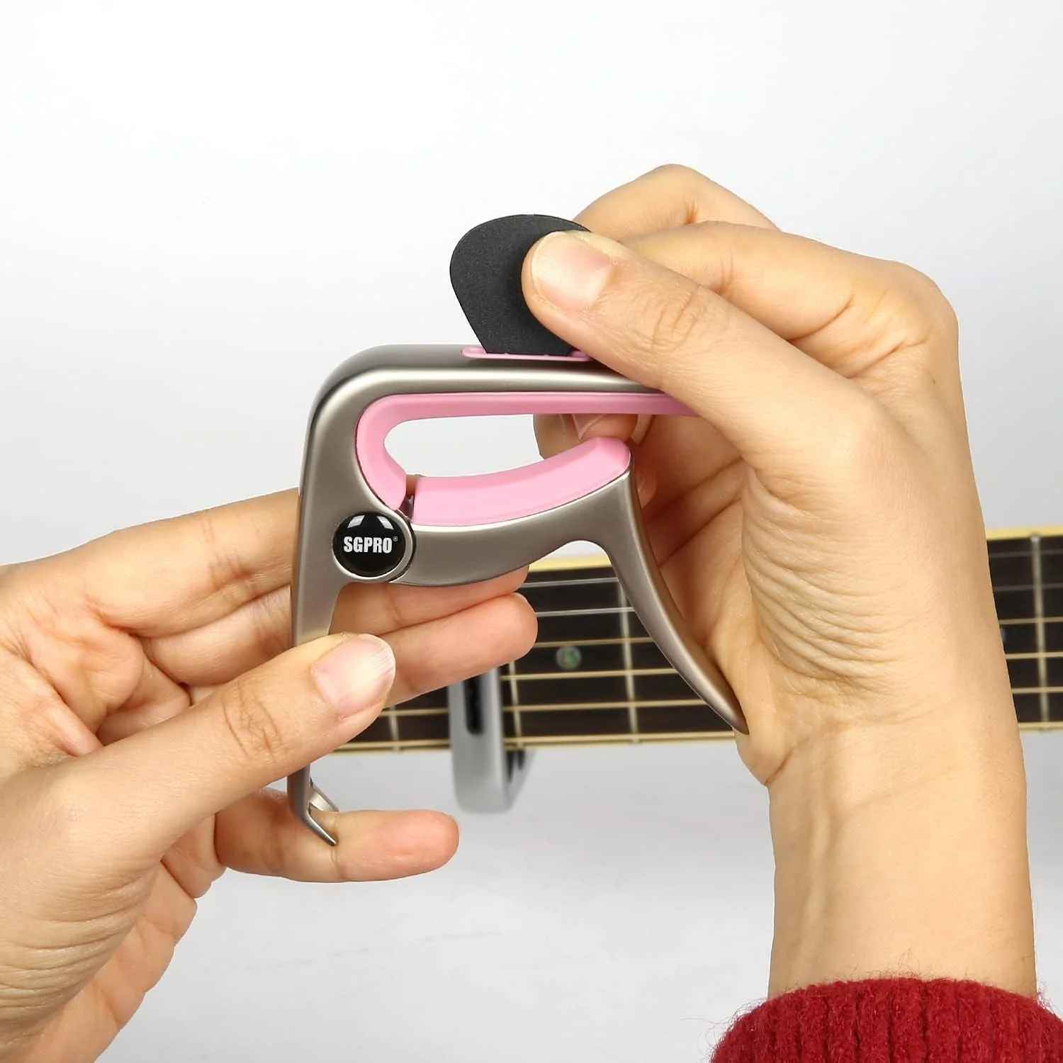 Guitar Capo 3-in-1: Acoustic & Electric Capo, Guitar Pin Puller, Pick Holder - Hidden Spring Design, Trapezoid Silicone Rubber Pad, Superior Zinc Alloy (Pink) Pink - Image 3