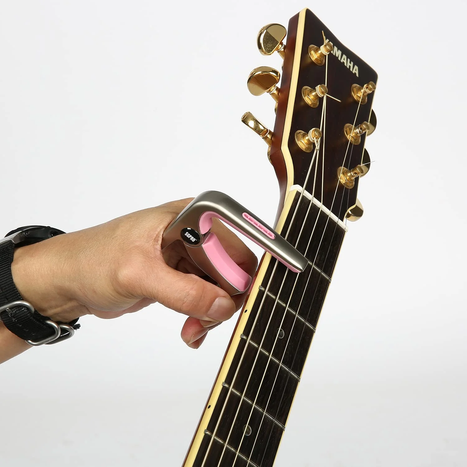 Guitar Capo 3-in-1: Acoustic & Electric Capo, Guitar Pin Puller, Pick Holder - Hidden Spring Design, Trapezoid Silicone Rubber Pad, Superior Zinc Alloy (Pink) Pink - Image 4